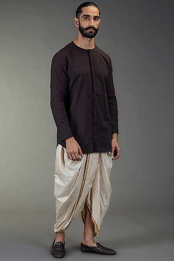 Men Beige Tussar Pre-draped Dhoti Pants 