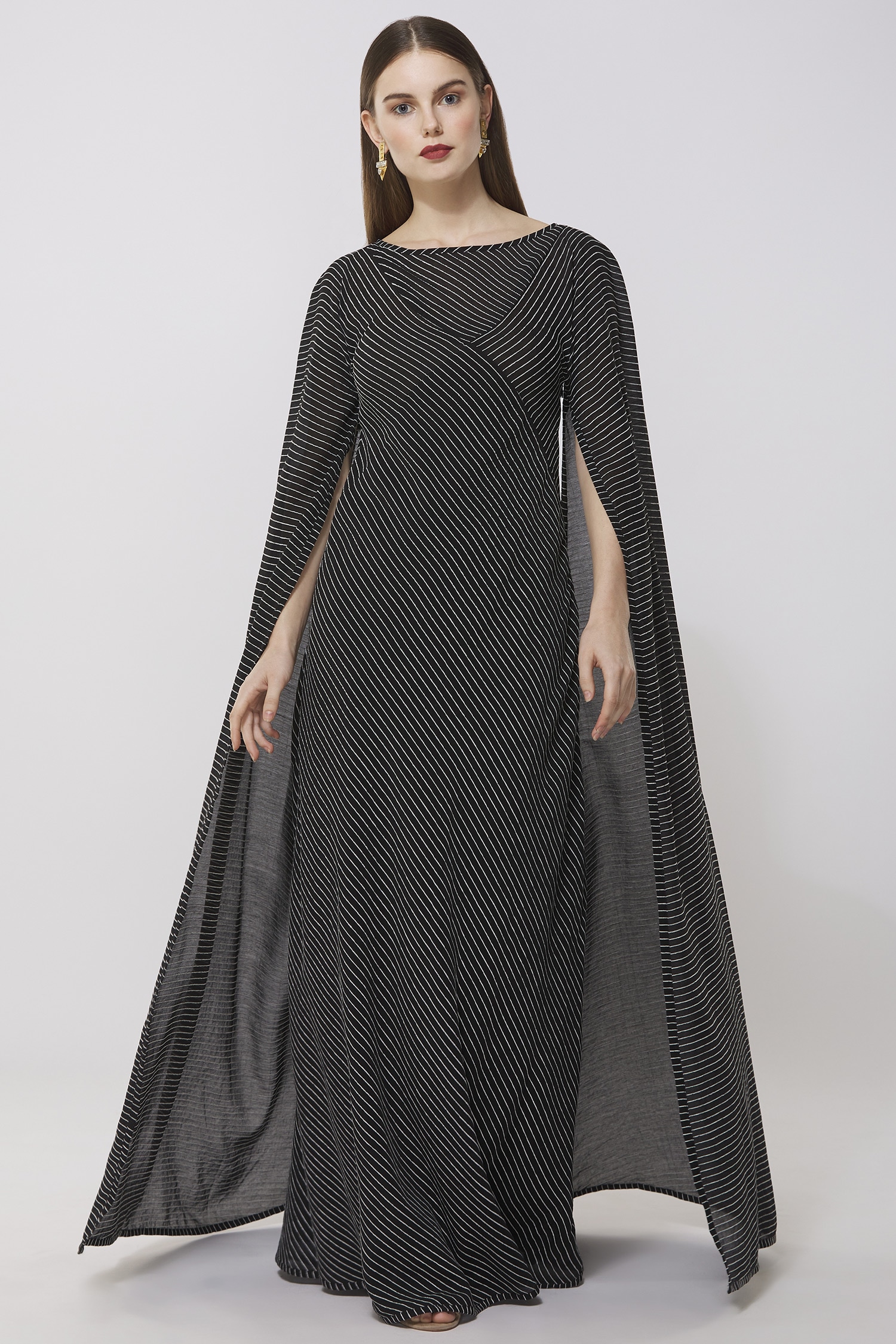 Buy Neha Gursahani Black Cotton Linen Striped Maxi Dress Online | Aza ...