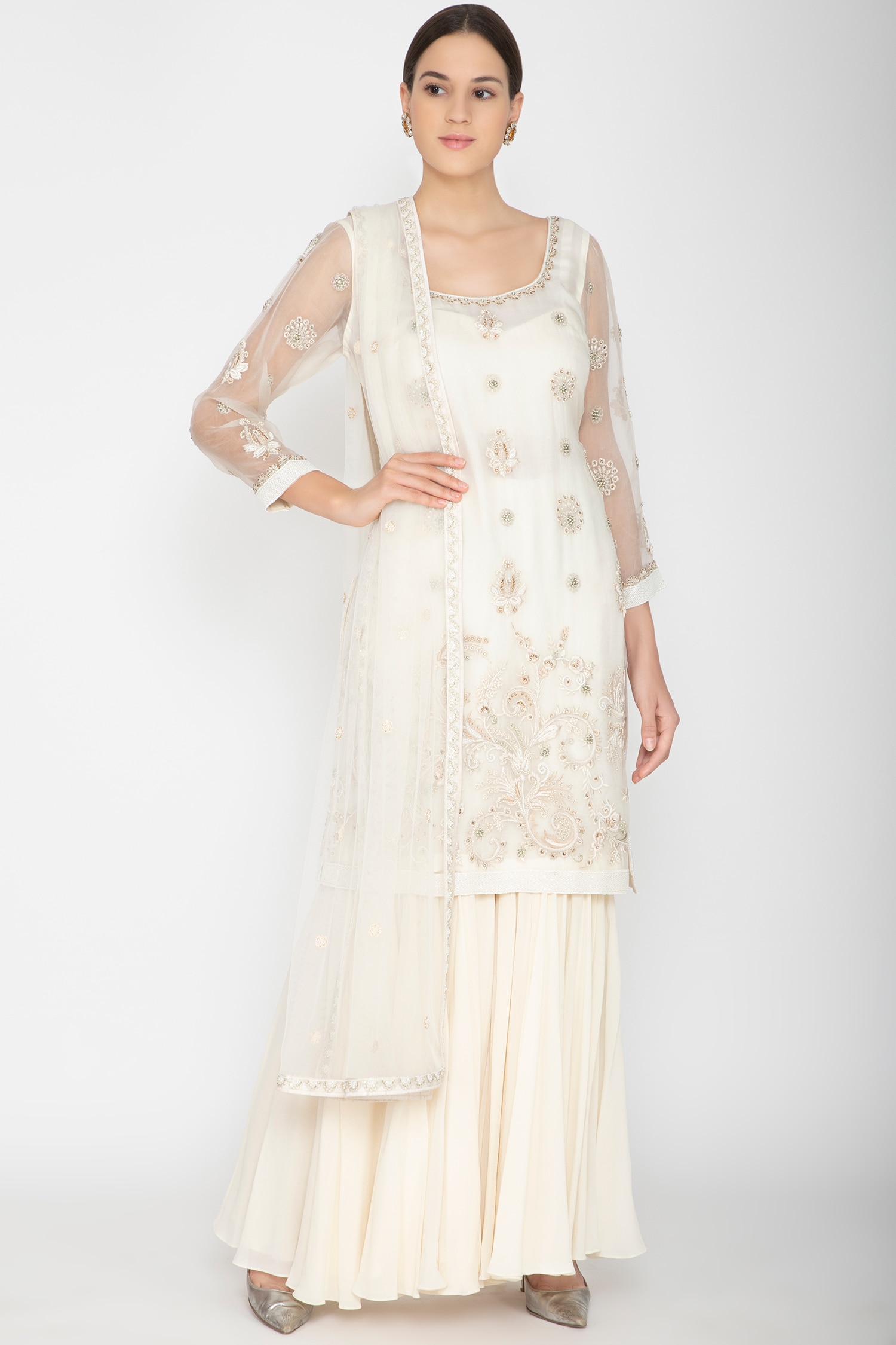 Buy White Organza Round Embroidered Kurta Sharara Set For Women by ...