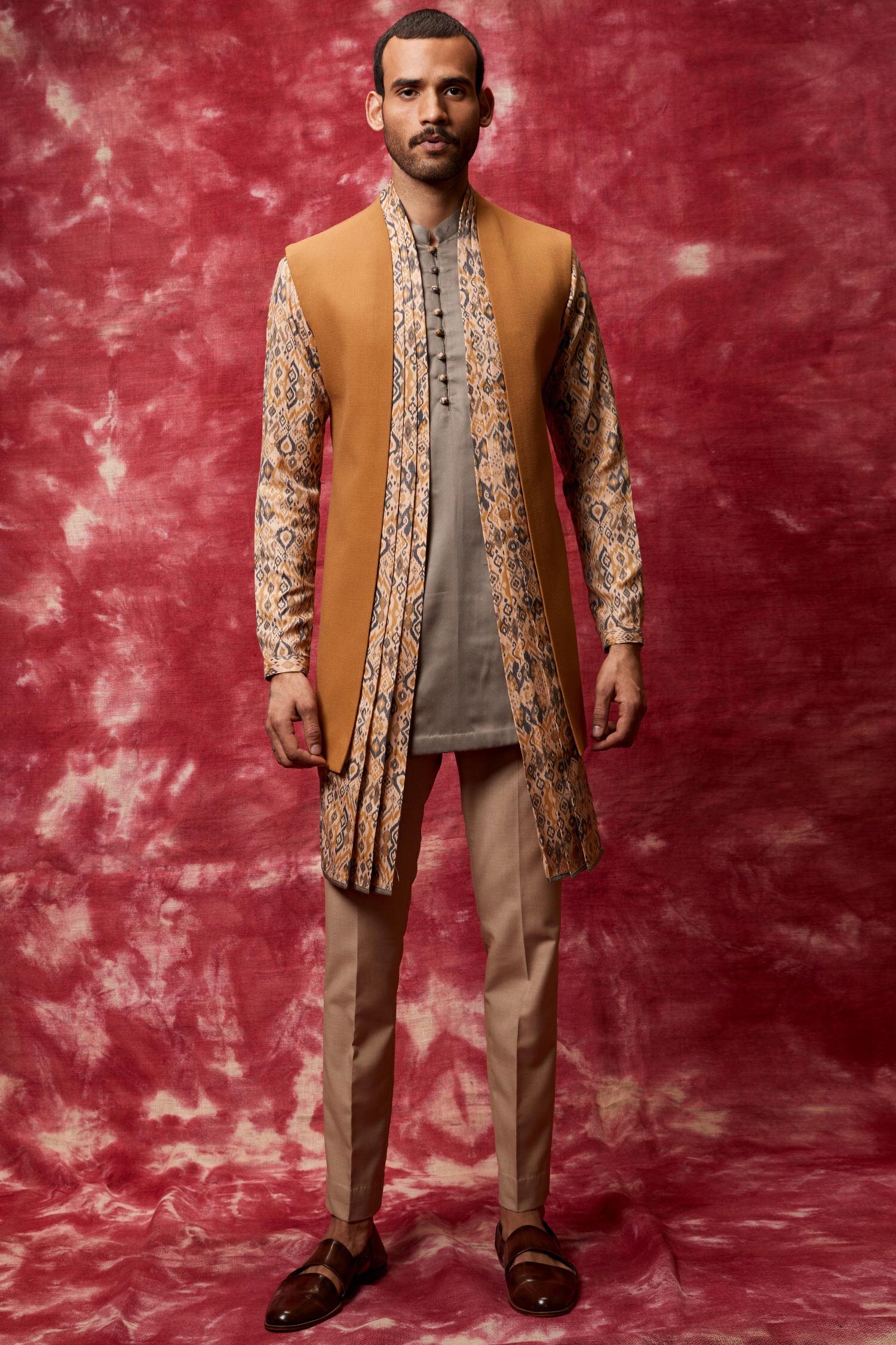 Buy Multi Color Cotton Viscose Asymmetric Jacket Kurta Set For Men by