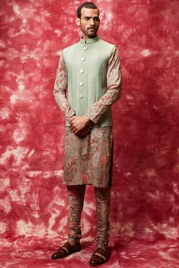 Buy Qbik Green Cotton Silk Nehru Jacket Set Online | Aza Fashions