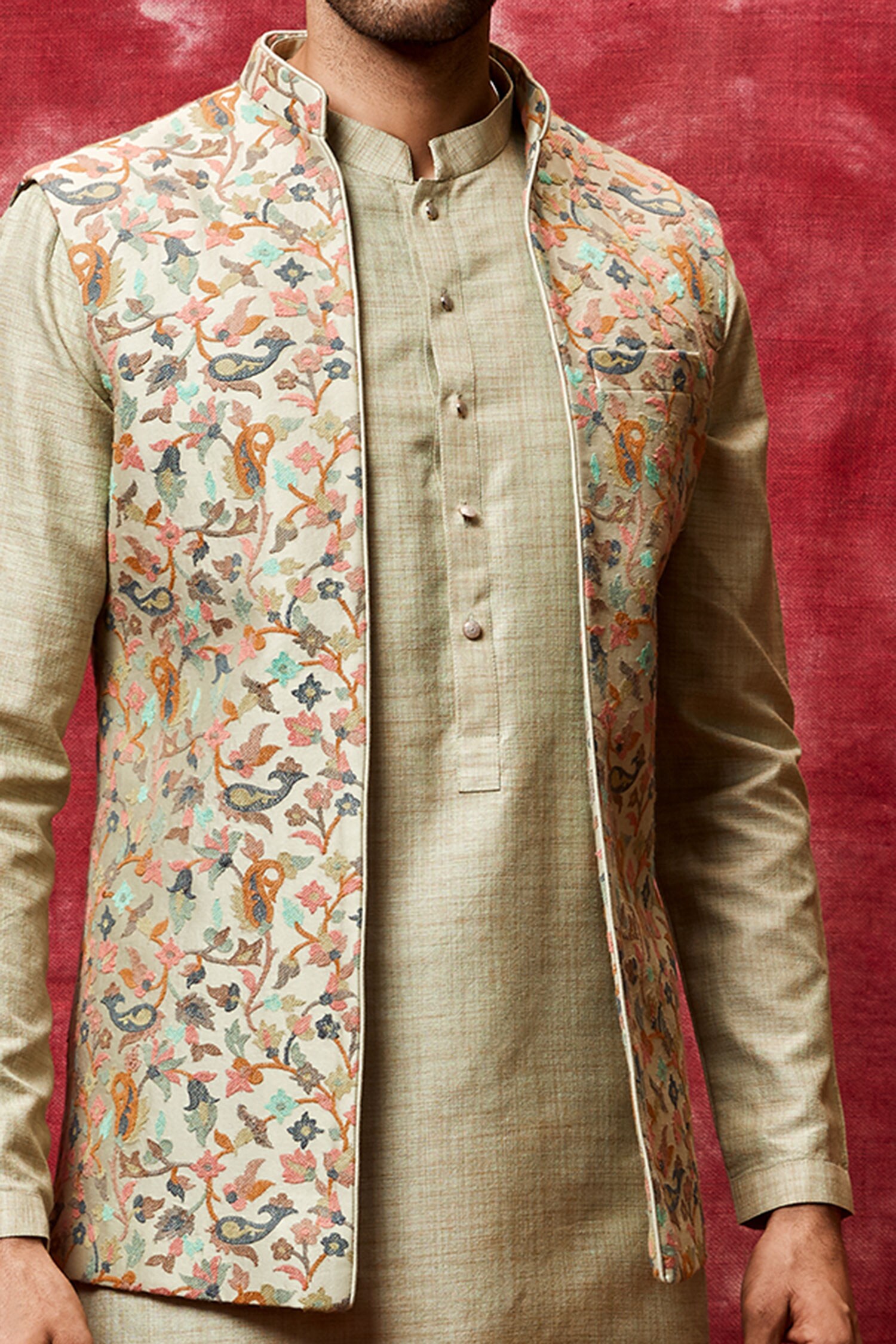 Buy Qbik Green Chanderi Silk Bundi Kurta Set Online | Aza Fashions