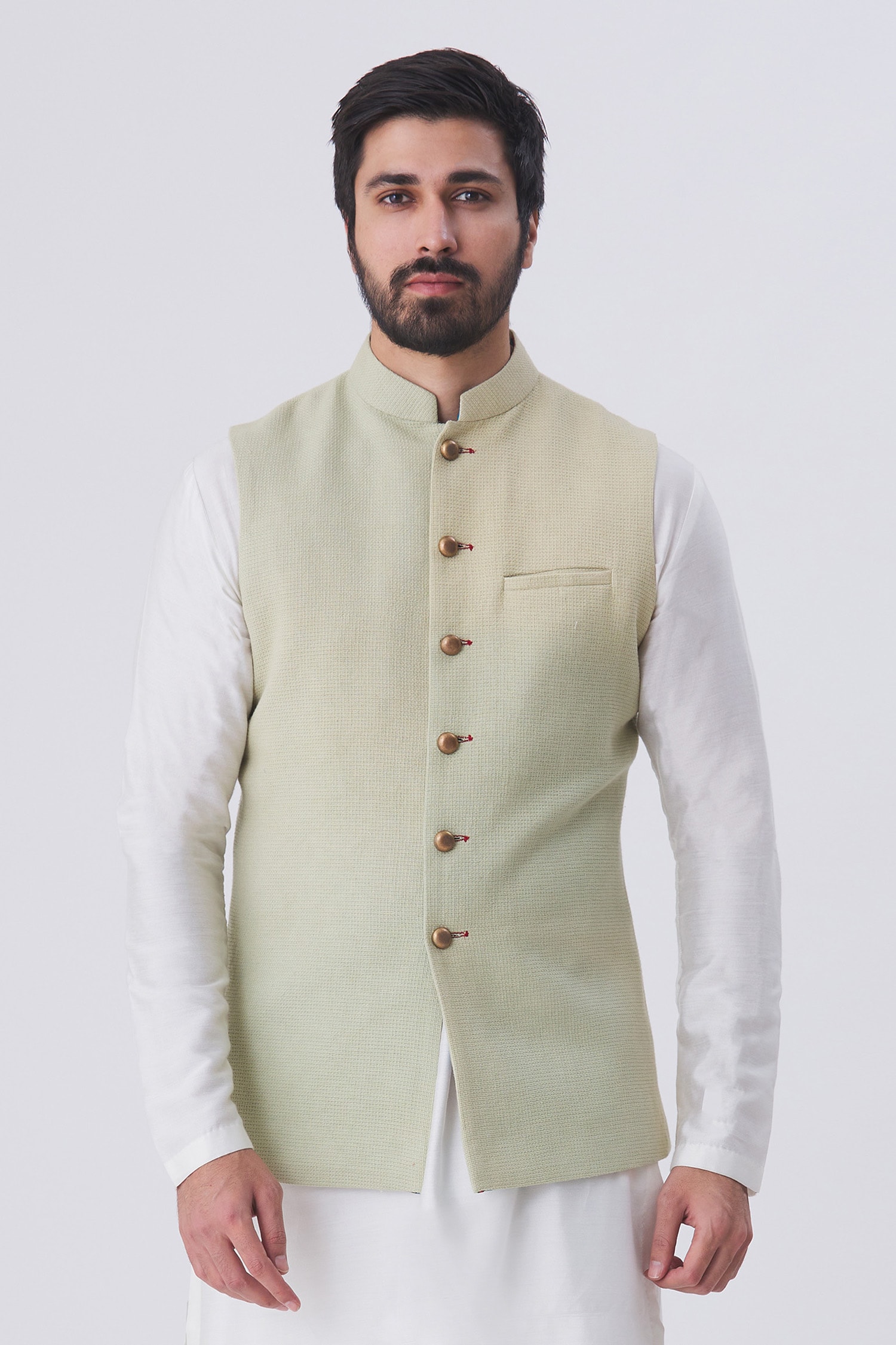 Buy Gaurav Katta Green Cotton Woven Nehru Jacket Online | Aza Fashions