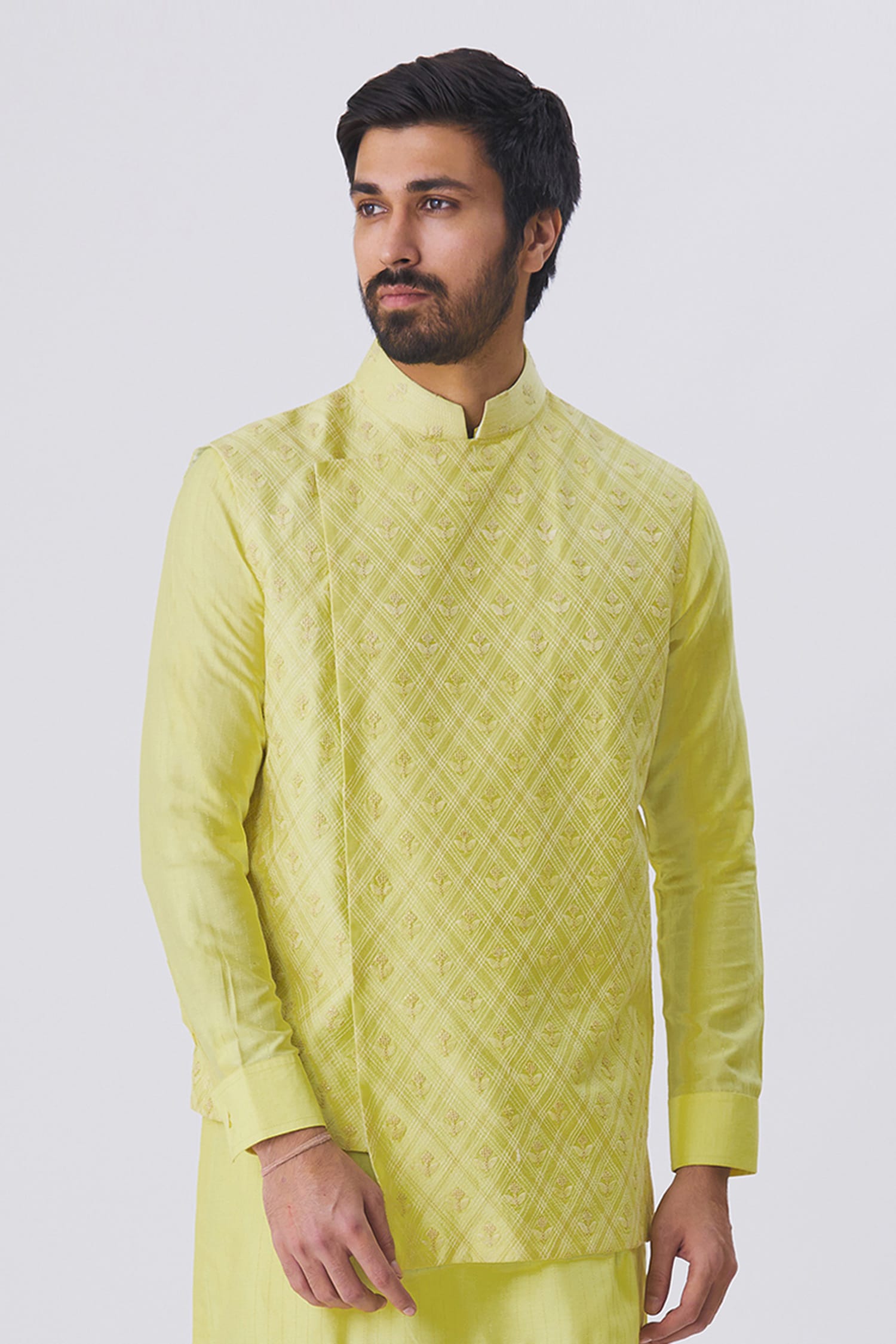 Kunal Anil Tanna Yellow Spun Silk Embroidered Bundi And Kurta Set