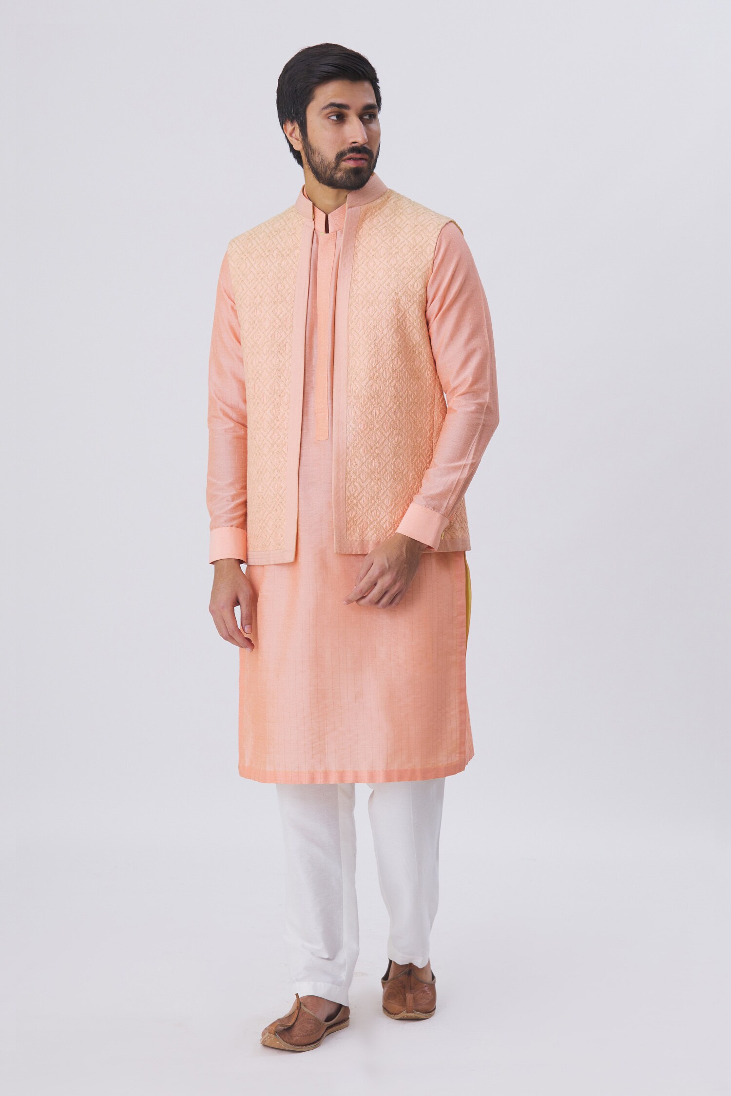 Buy Kunal Anil Tanna - Men Peach Spun Silk Embroidered Bundi And Kurta ...