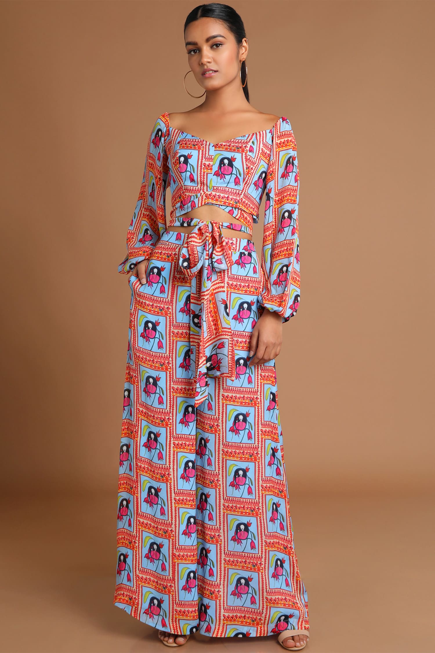 Buy Masaba Blue Chinnon Printed Top Pant Set Online | Aza Fashions
