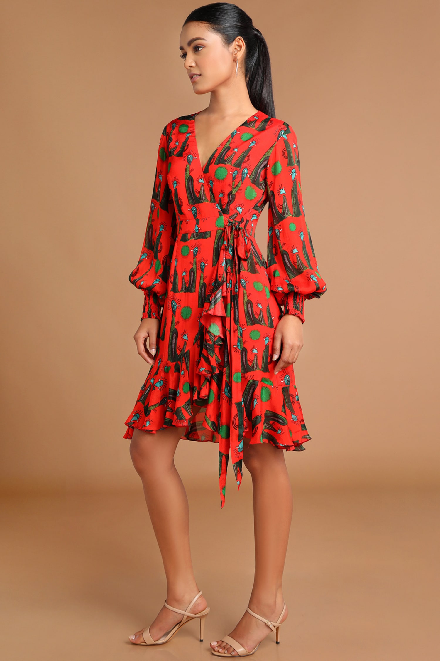 Buy Red Chinon Chiffon V Neck Printed Wrap Dress For Women by