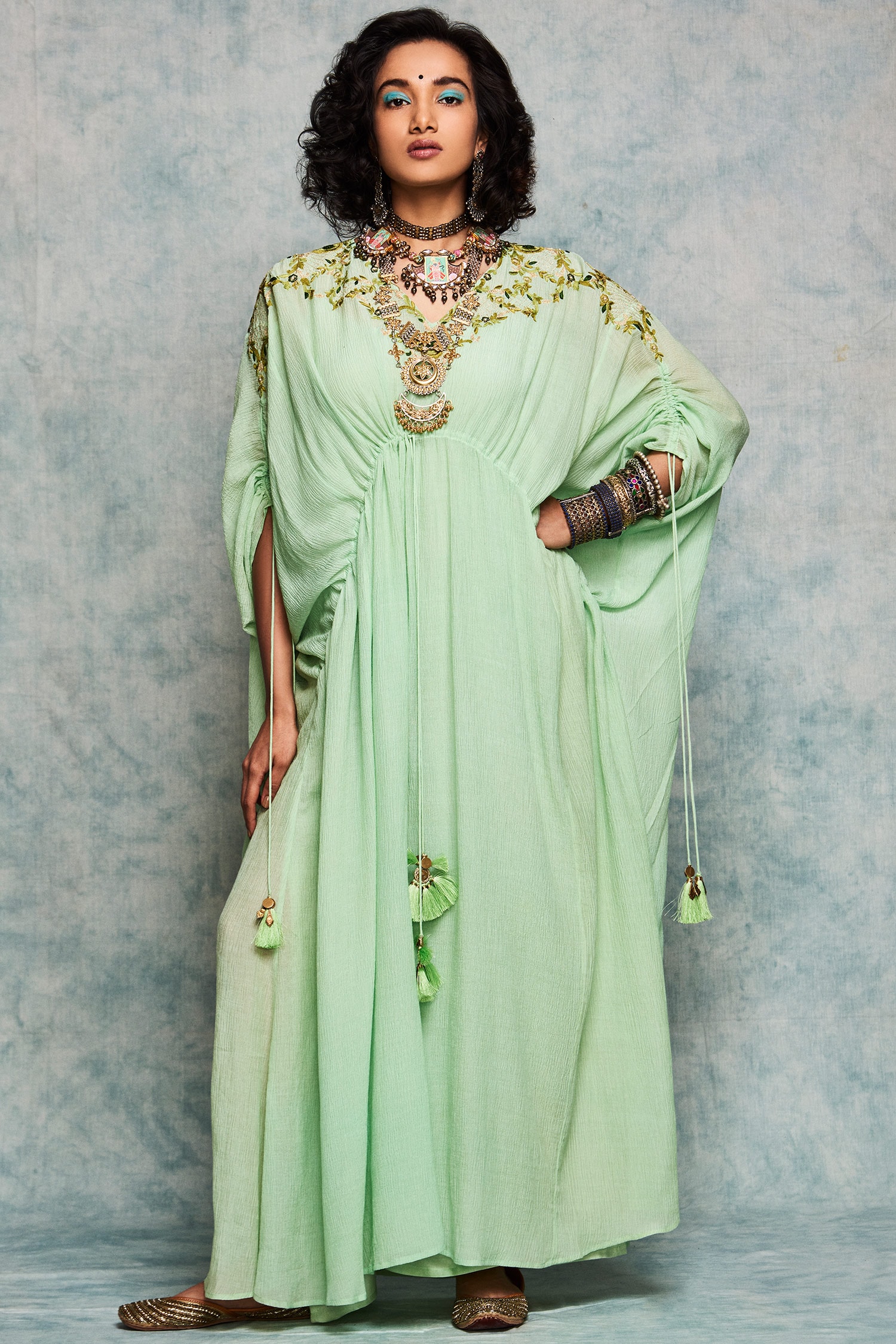 Buy Green Viscose Cotton V Neck Embroidered Kaftan For Women by Nadima ...