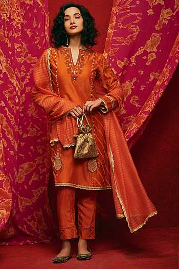 WomenOrange Chanderi Silk Embroidered Round Neck Kurta Sets