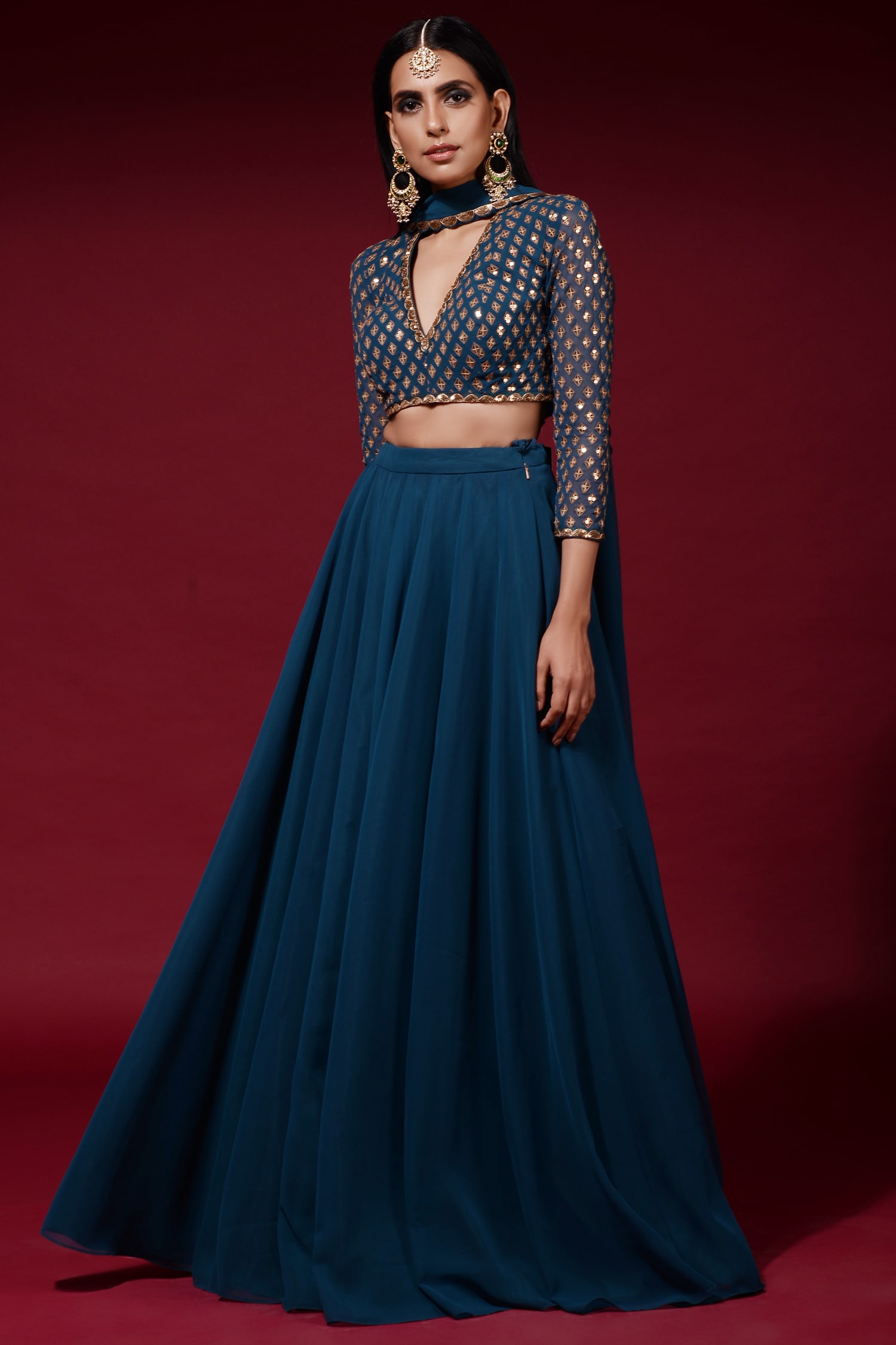 Buy Blue Georgette V Neck Embroidered Gharara Set For Women by Vvani by ...