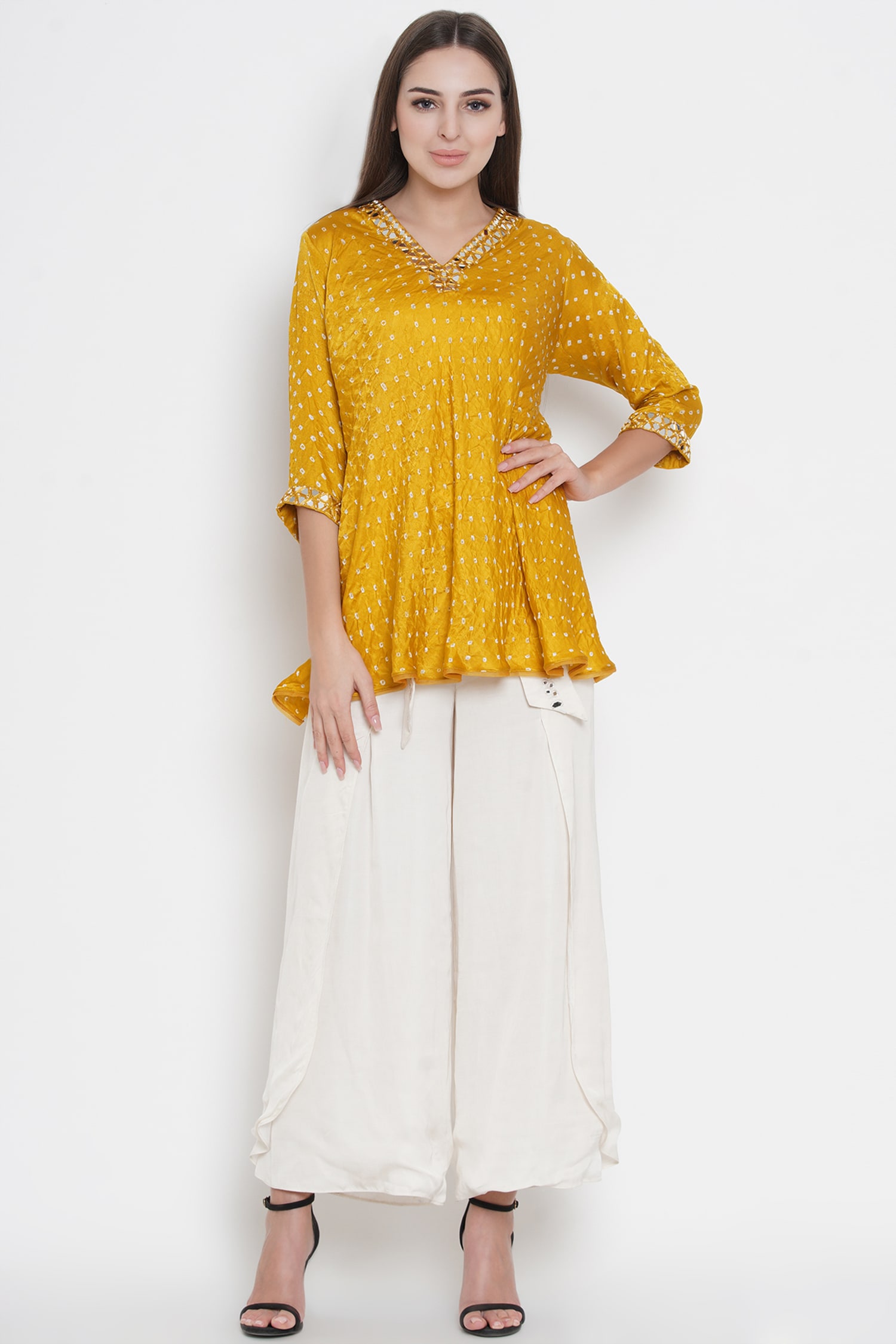 Buy Twenty Nine Yellow Silk Bandhani Top Online | Aza Fashions