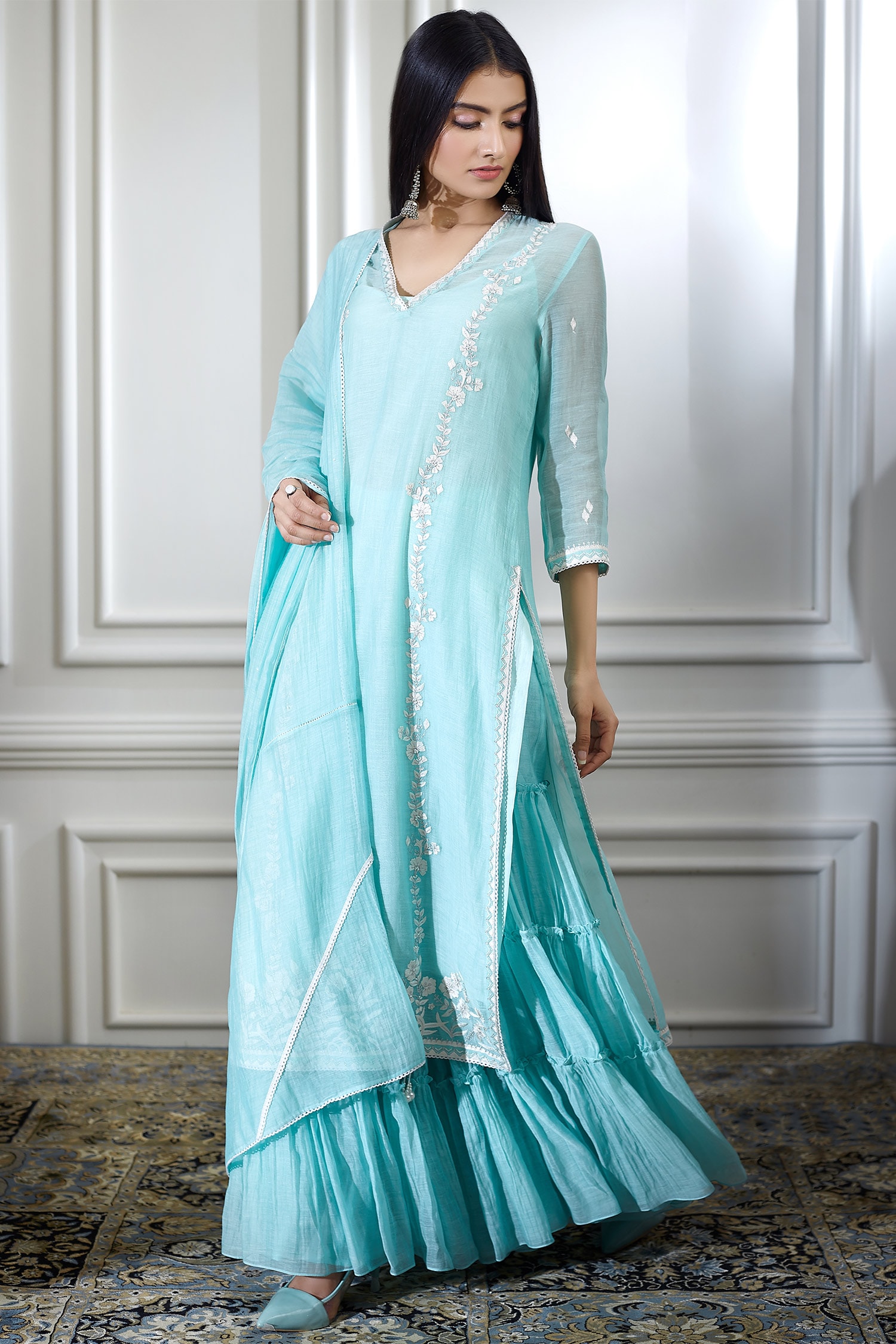 Buy Blue Chanderi V Neck Kurta Sharara Set For Women by Mandira Wirk ...