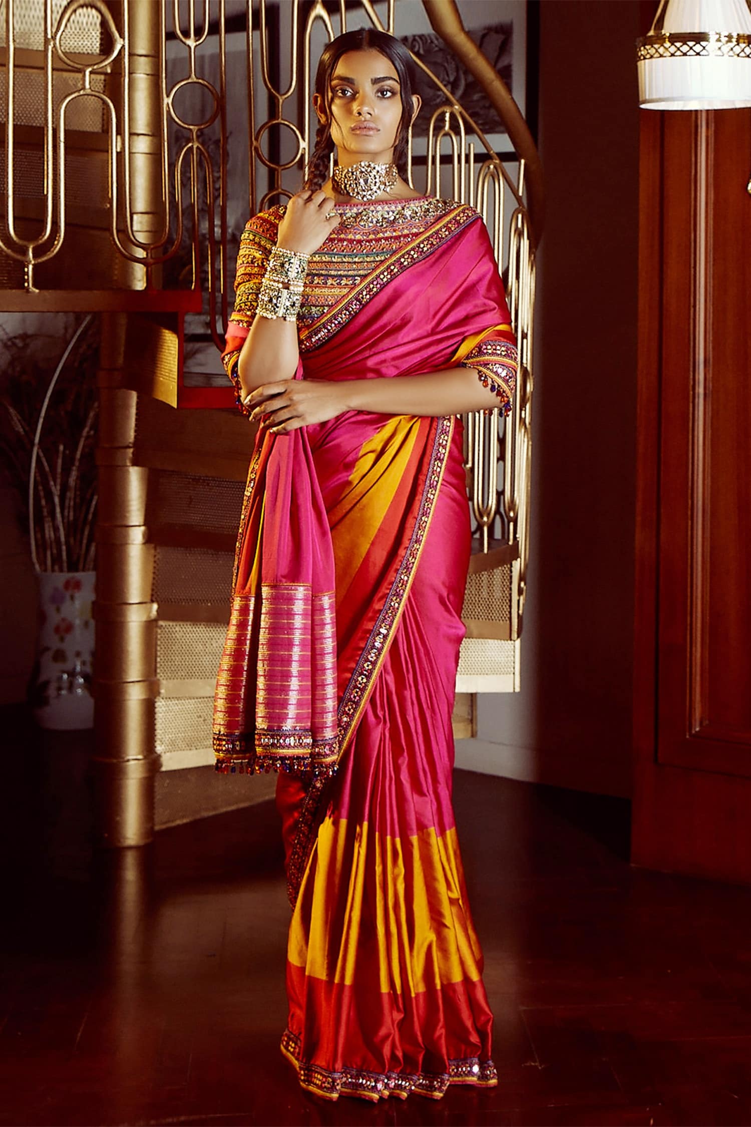 Tarun Tahiliani Yellow Saree-silk Embroidered Mirror Silk Colorblock Saree With Blouse For Women