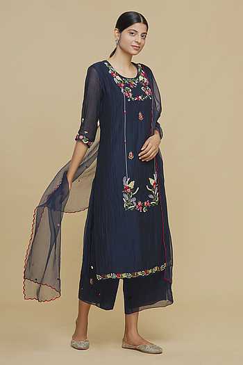 Blue - Shibori Tye-Dye Chanderi Silk Kurta with Palazzo & Dupatta Set