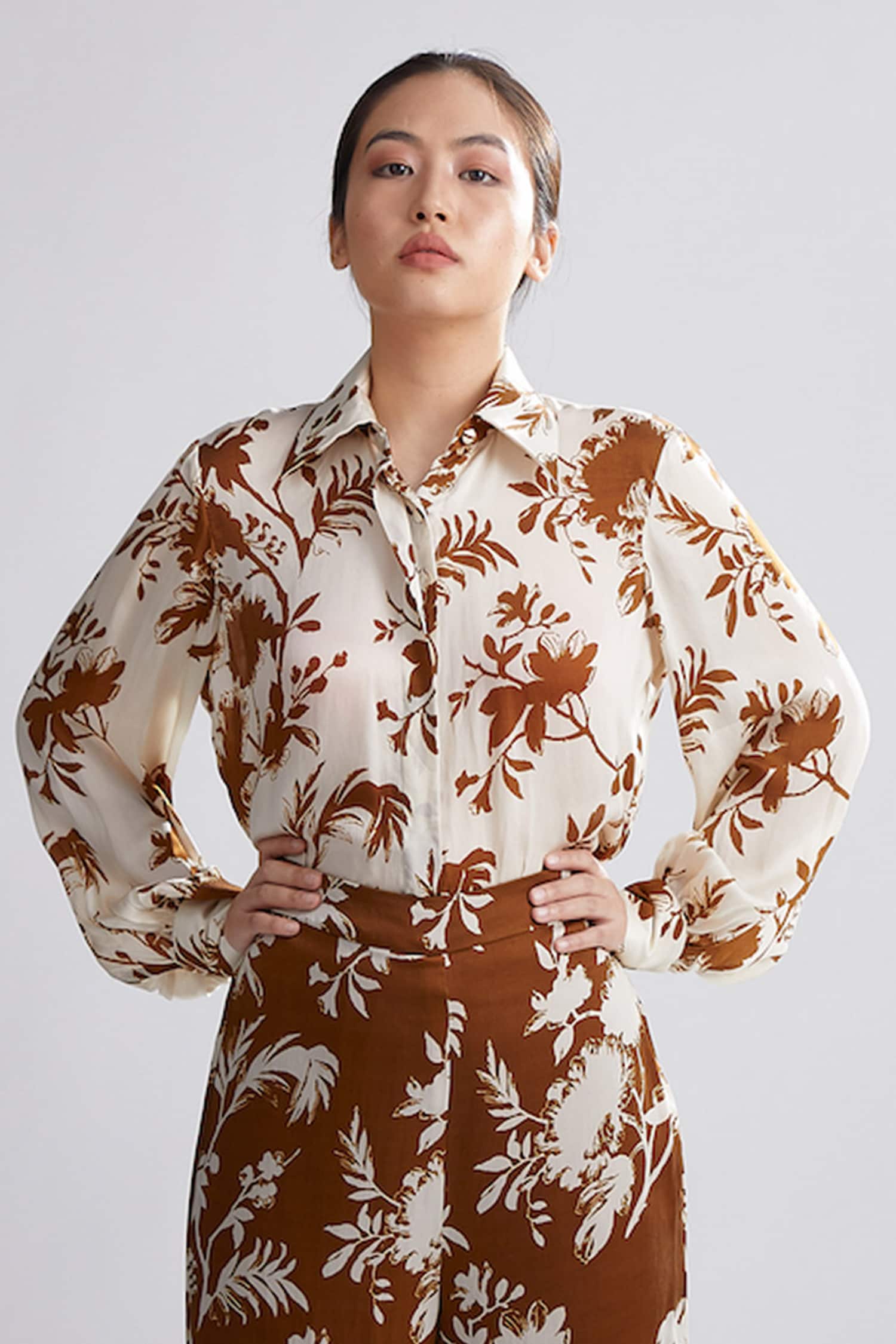 Buy White Silk Floral Print Shirt For Women by KoAi Online at Aza Fashions.
