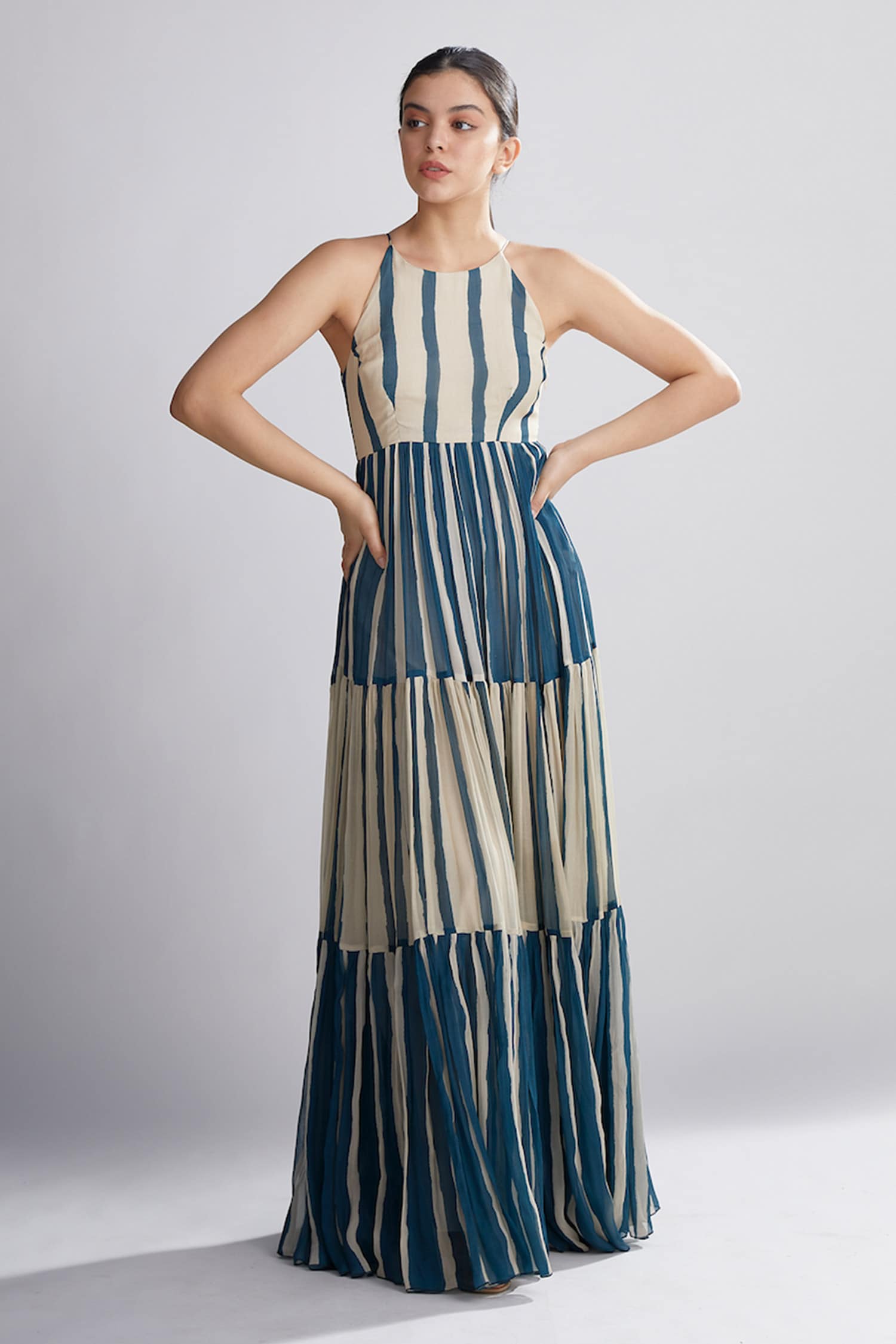 Buy Blue French Crepe Stripe Pattern Asymmetric Tuscany Dress For Women by  Mamicha Online at Aza Fashions.