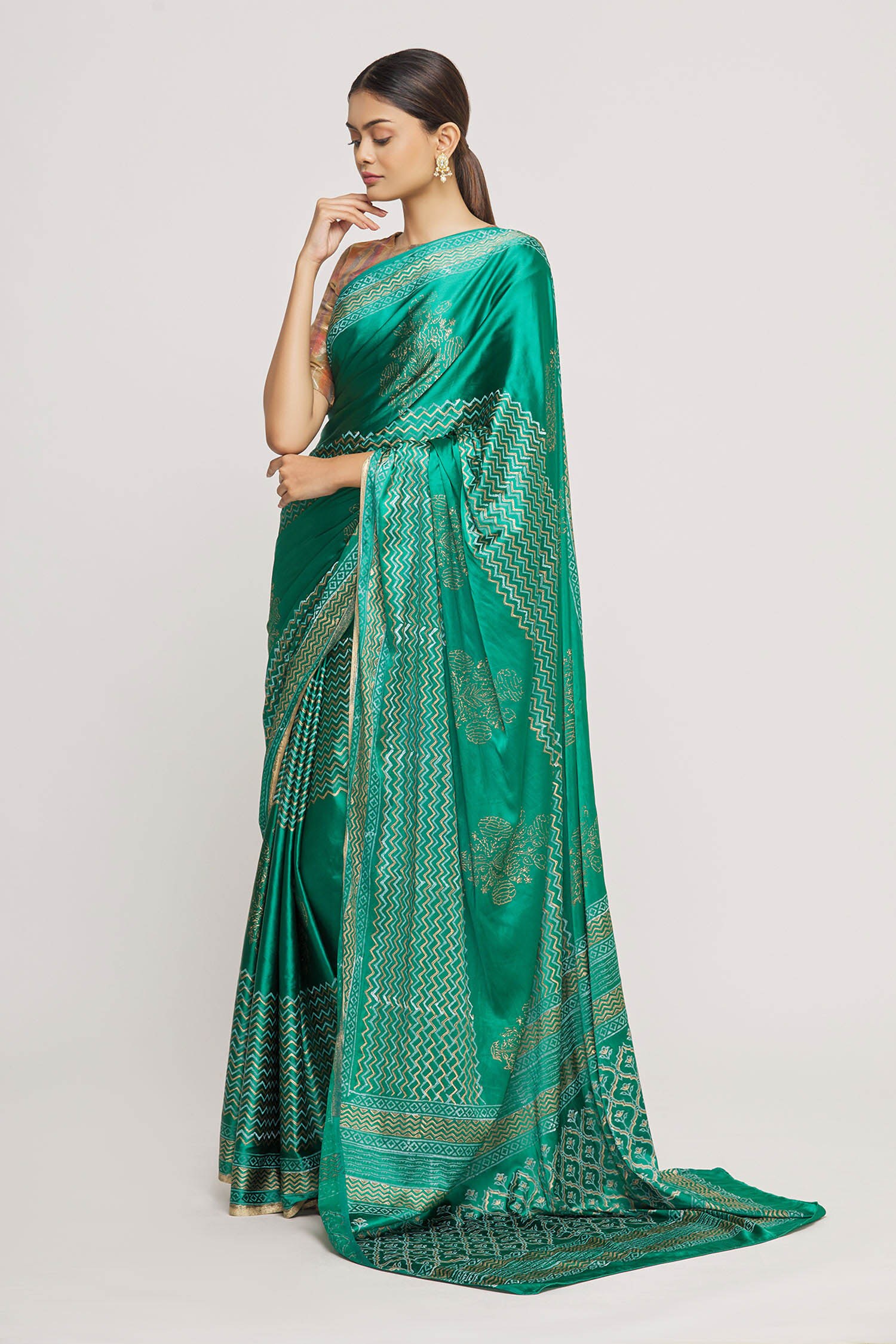 Buy Samyukta Singhania Green Madras Silk Block Print Saree Online Aza