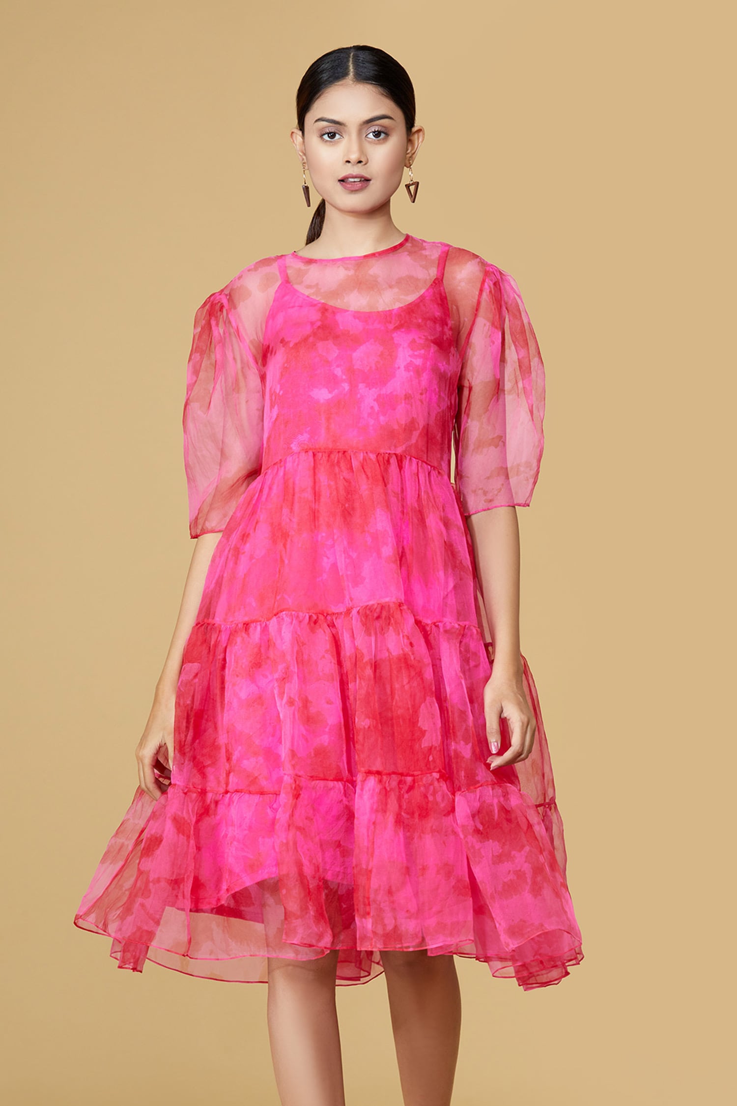 Buy Pink Organza Round Tie Dye Tiered Dress For Women by Siddhartha ...