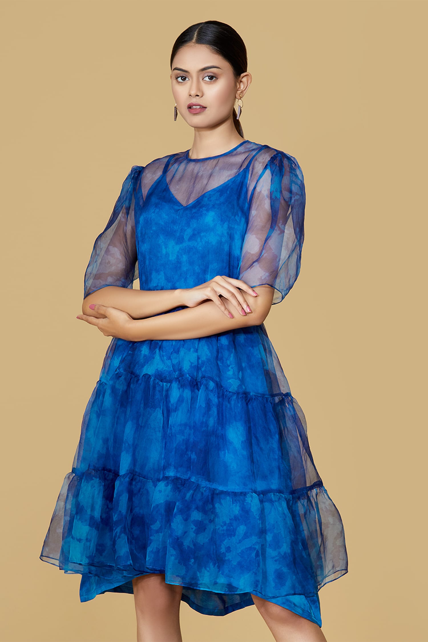 Buy Blue Organza Round Tie Dye Tiered Dress For Women by Siddhartha ...