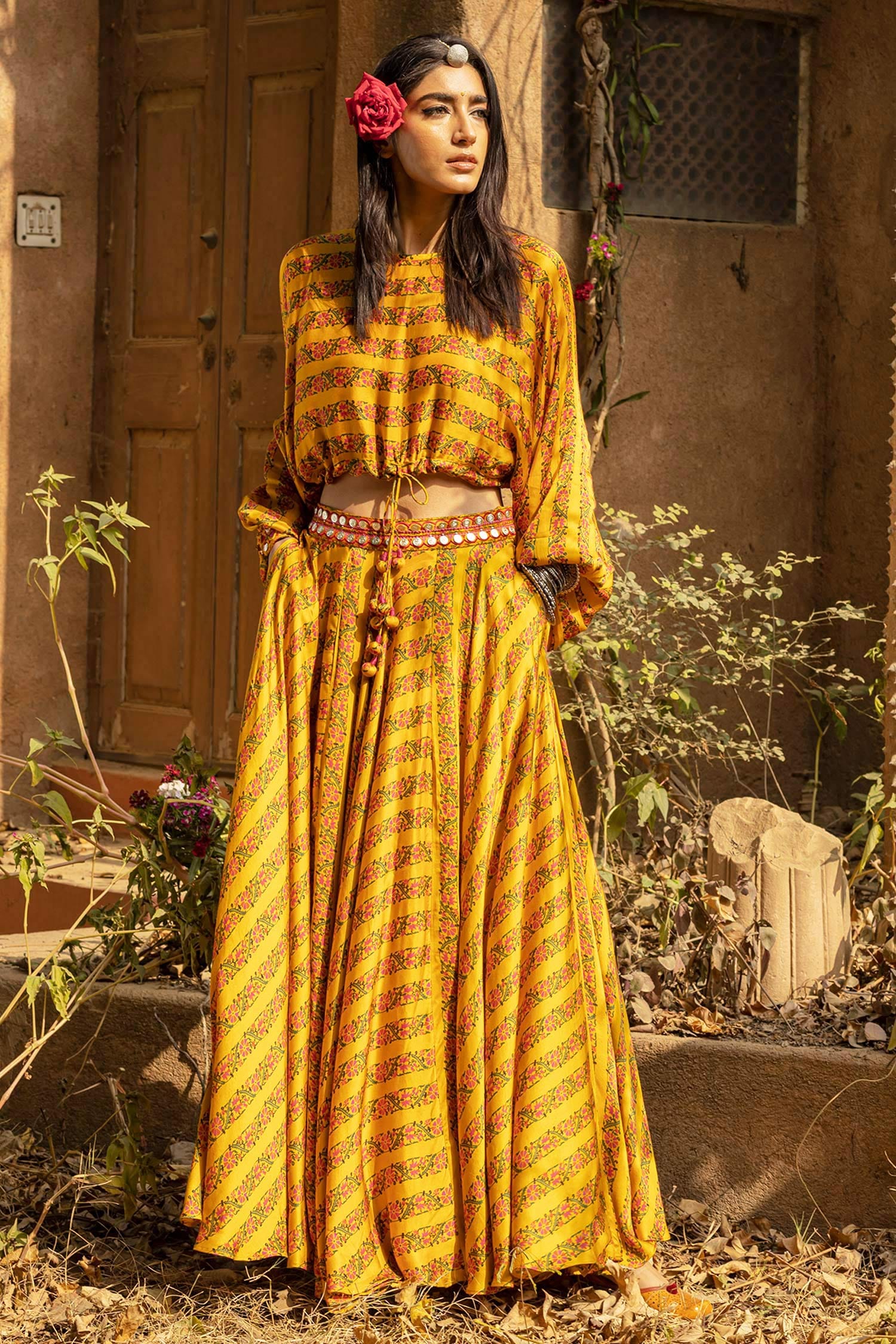Buy Yellow Satin Silk Printed Crop Top And Skirt Set For Women by PUNIT