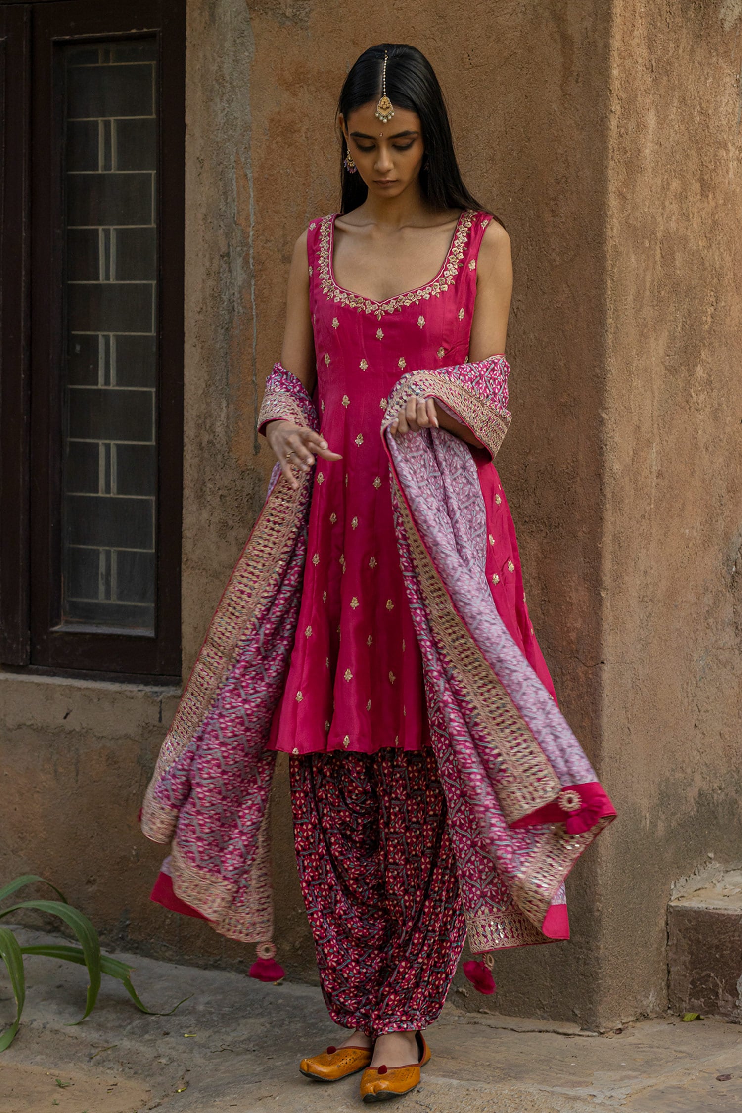 Buy Punit Balana Maroon Silk Chanderi Anarkali And Dhoti Pant Set Online   Aza Fashions