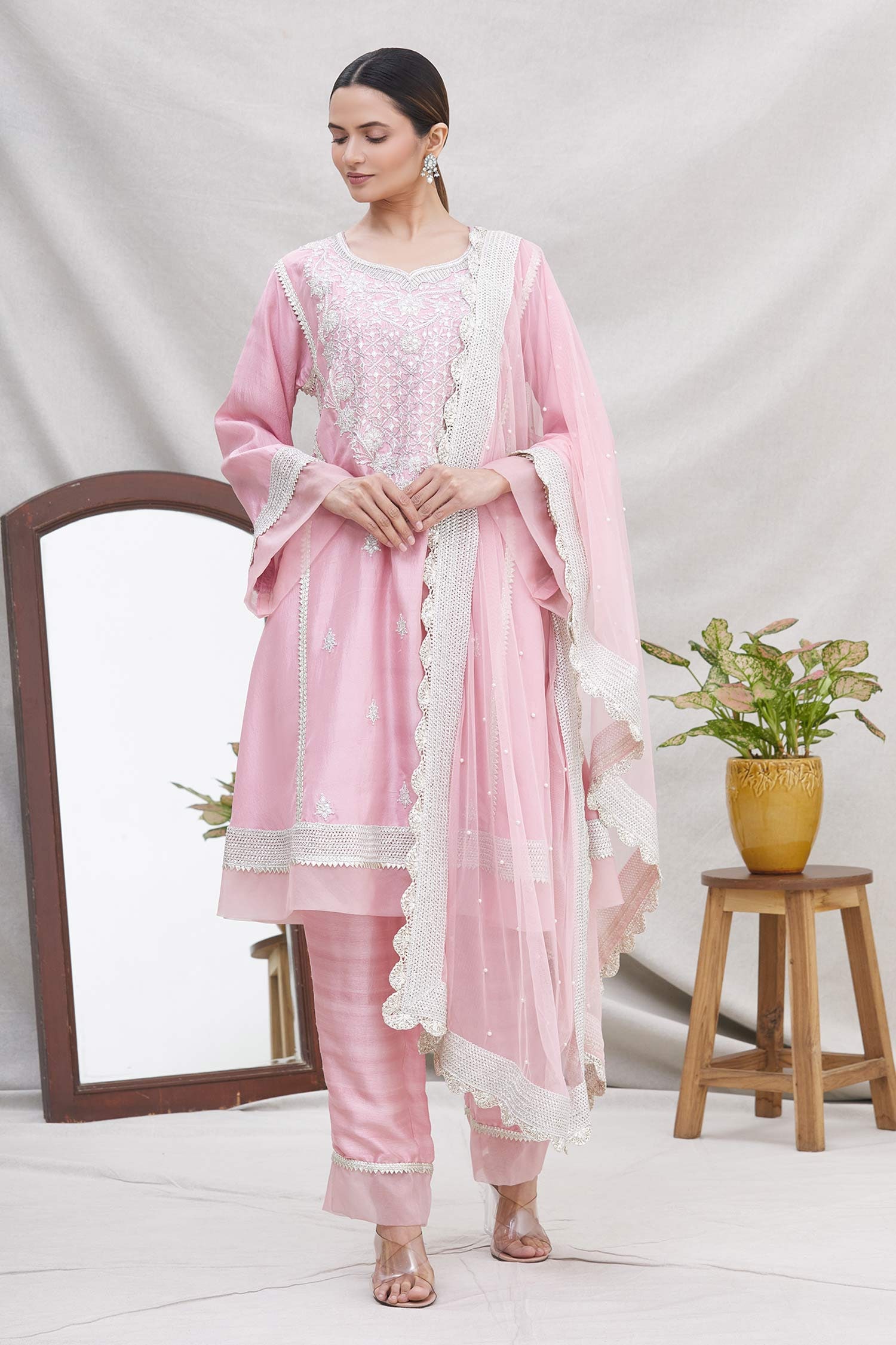 Buy Pink Silk Round Panelled Kurta Set For Women by Ekta Singh Online ...