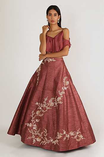 Buy Popover Crop Top & Lehenga Set by Pink Peacock Couture at Aza Fashions