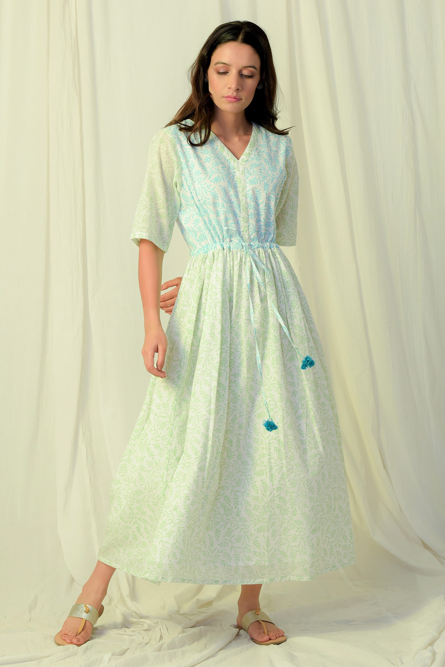Buy Charkhee White Cotton Block Print Midi Dress Online | Aza Fashions