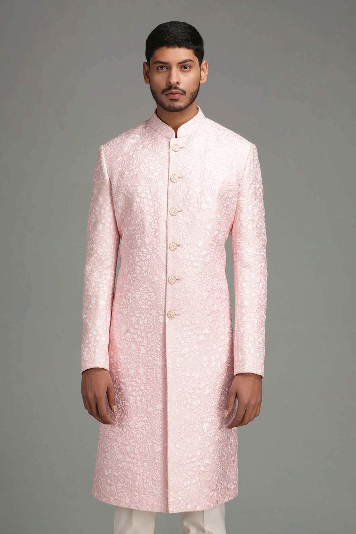 Buy Pink Silk Blend Embroidered Sherwani Set For Men by Chatenya Mittal ...