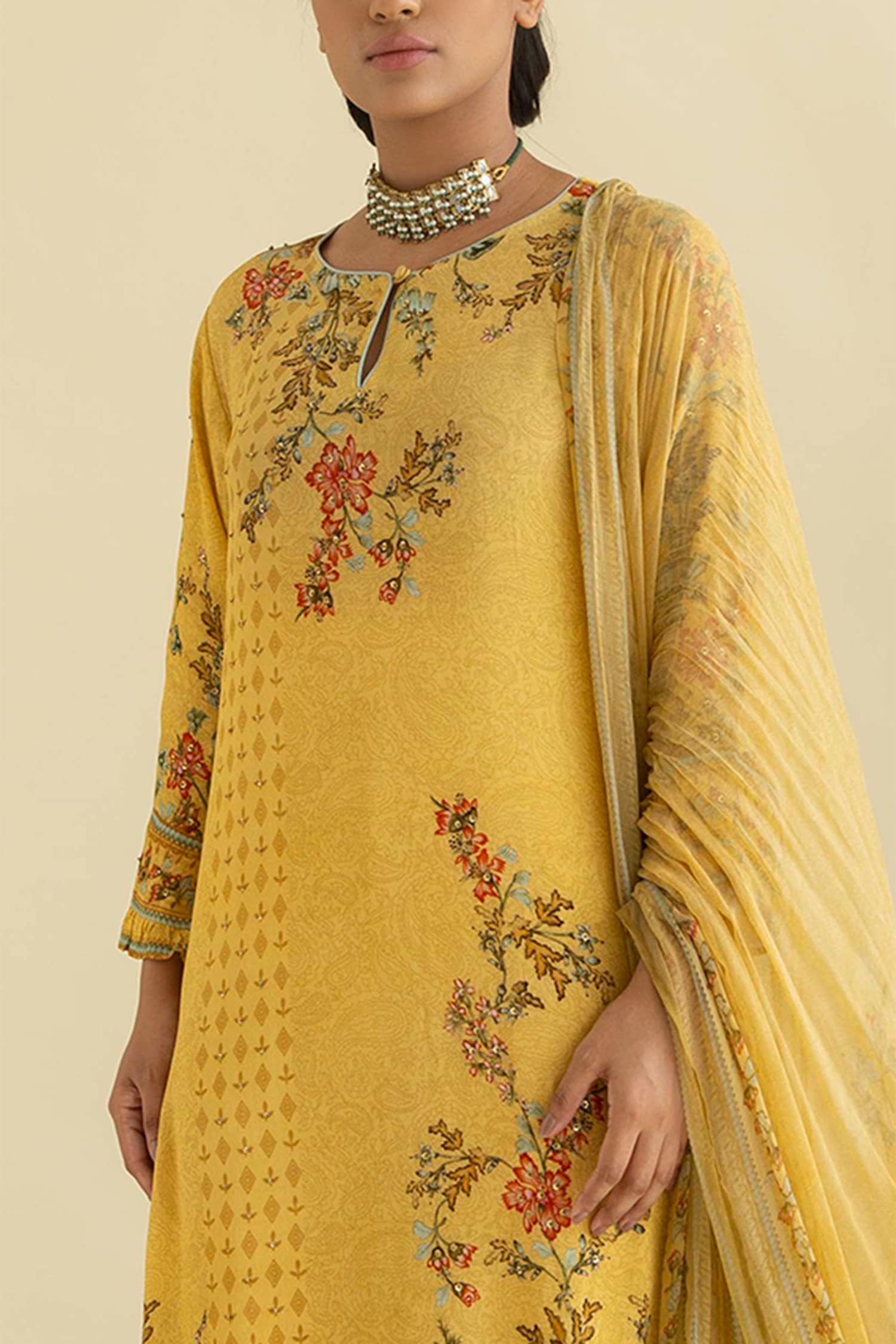 Buy Kalista Yellow Viscose Crepe Floral Print Kurta Set Online | Aza ...