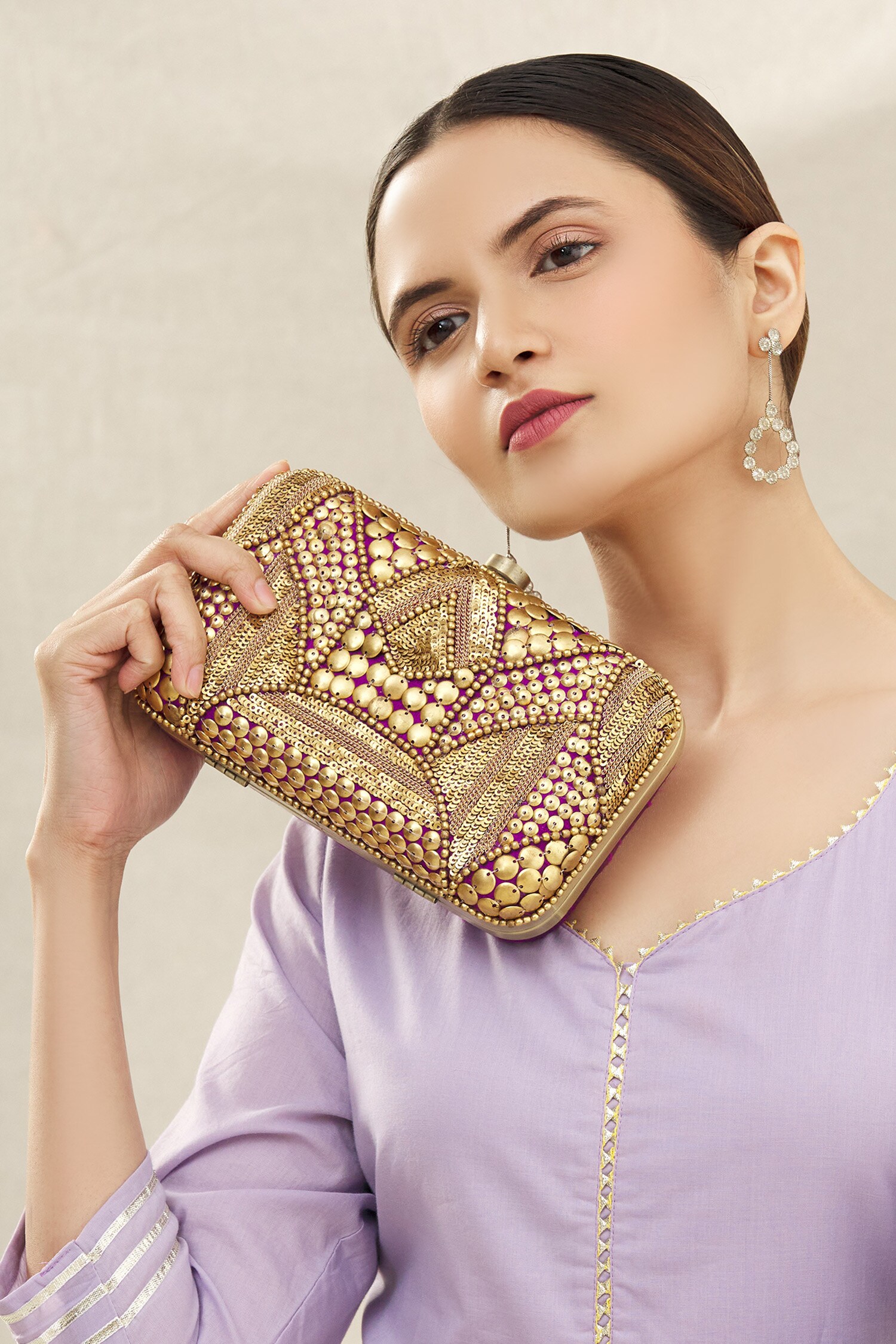 Buy Purple Embroidered Silk Box Clutch With Sling by Nayaab by Aleezeh
