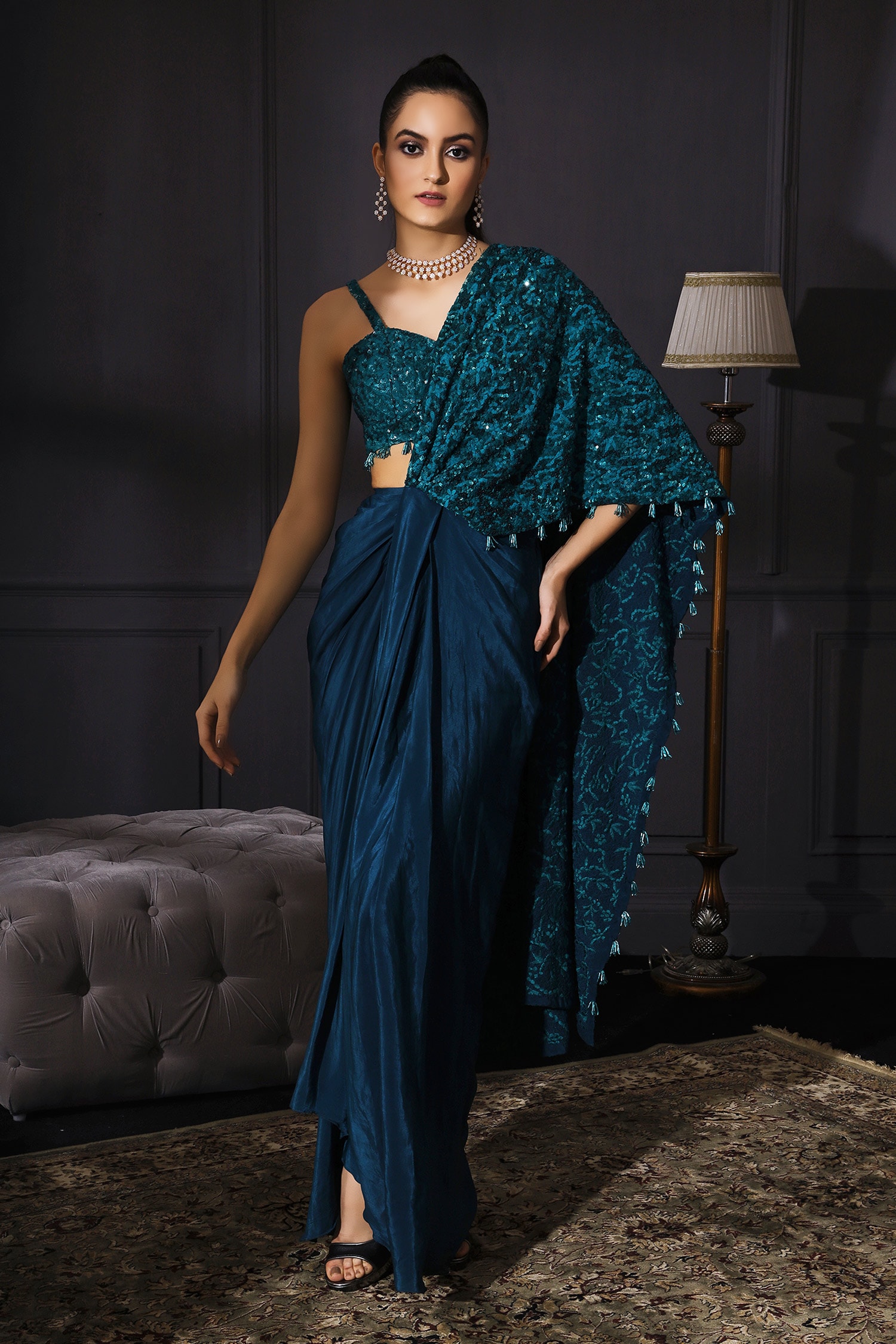 Buy Blue Satin Sweetheart Neck Pre-draped Saree With Blouse For Women 