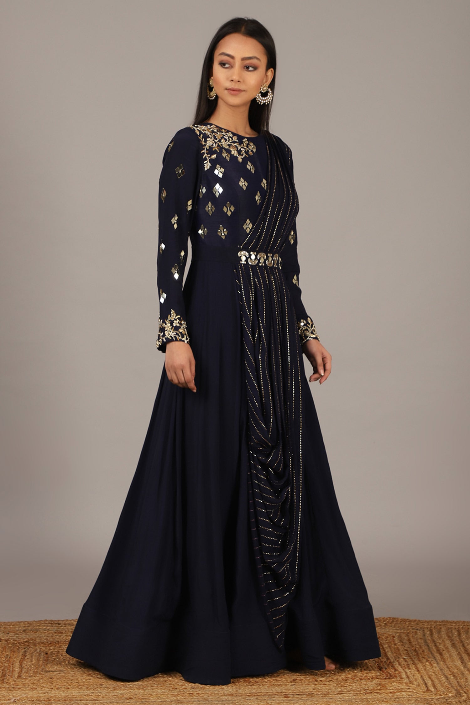 Buy Blue Silk Crepe Round Draped Gown For Women by Nidhika Shekhar ...