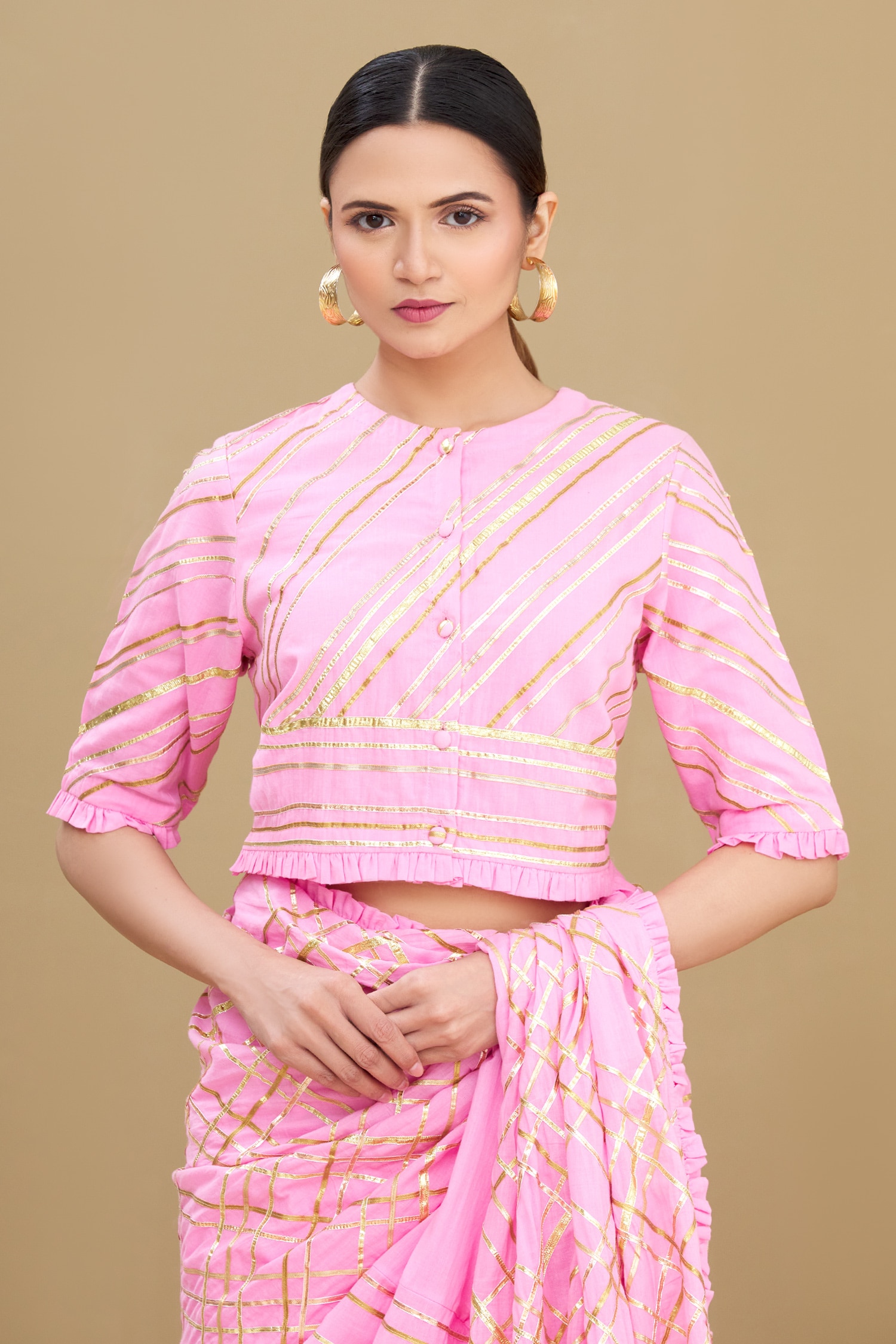 Shorshe Clothing - Pink Net Shirt Collar Gota Embroidered Saree Blouse For  Women