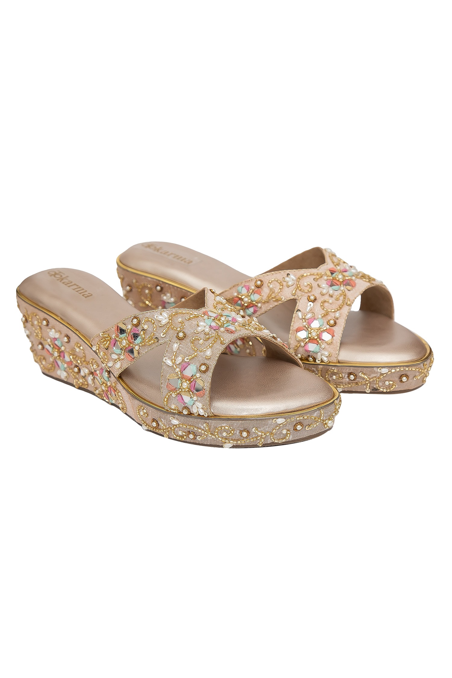 Buy Gold Embroidered Inaayat Platform Wedges by Kkarma Online at Aza ...