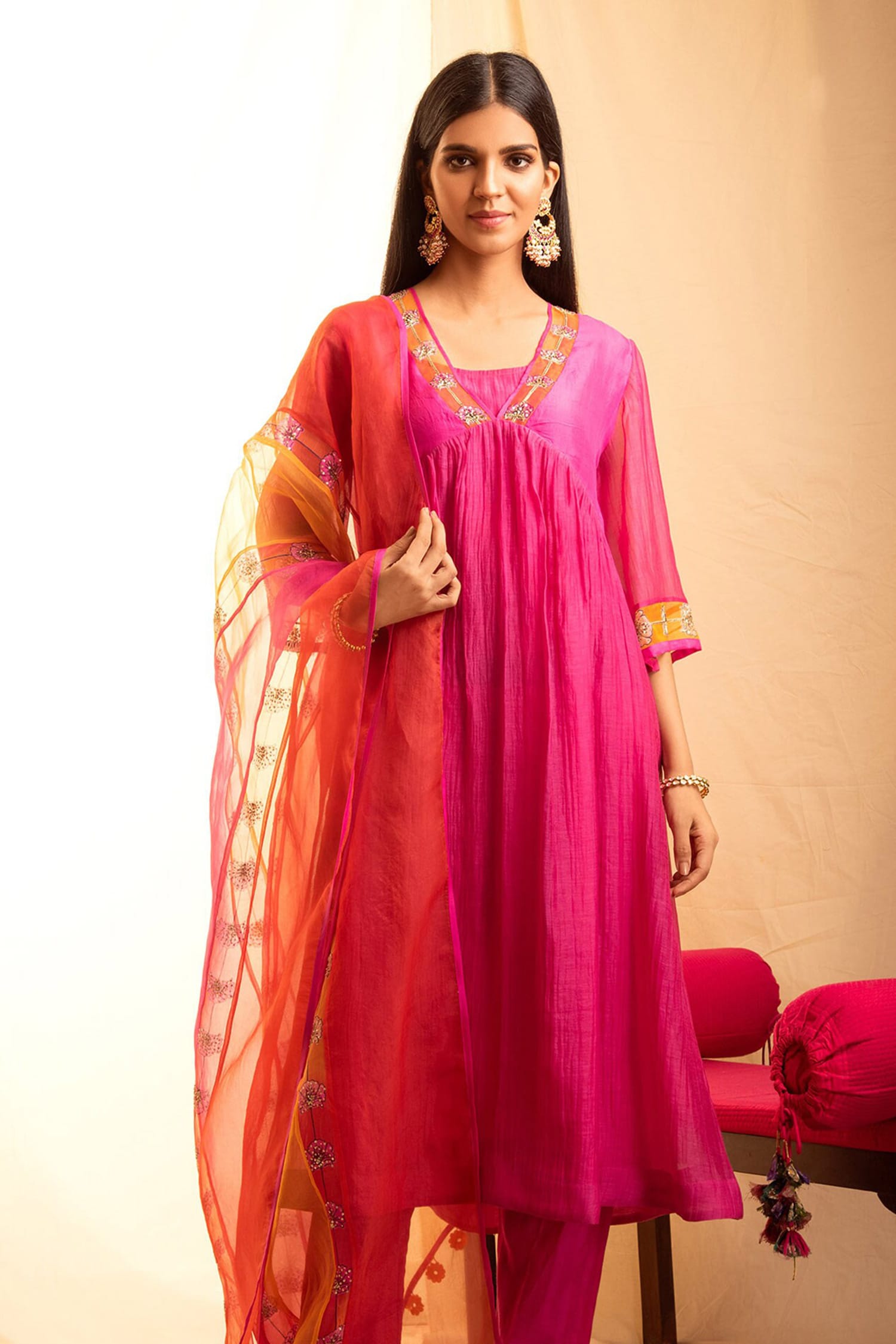 Buy Pink Handwoven Tissue Stripes V Neck Chanderi Anarkali And Pant Set ...