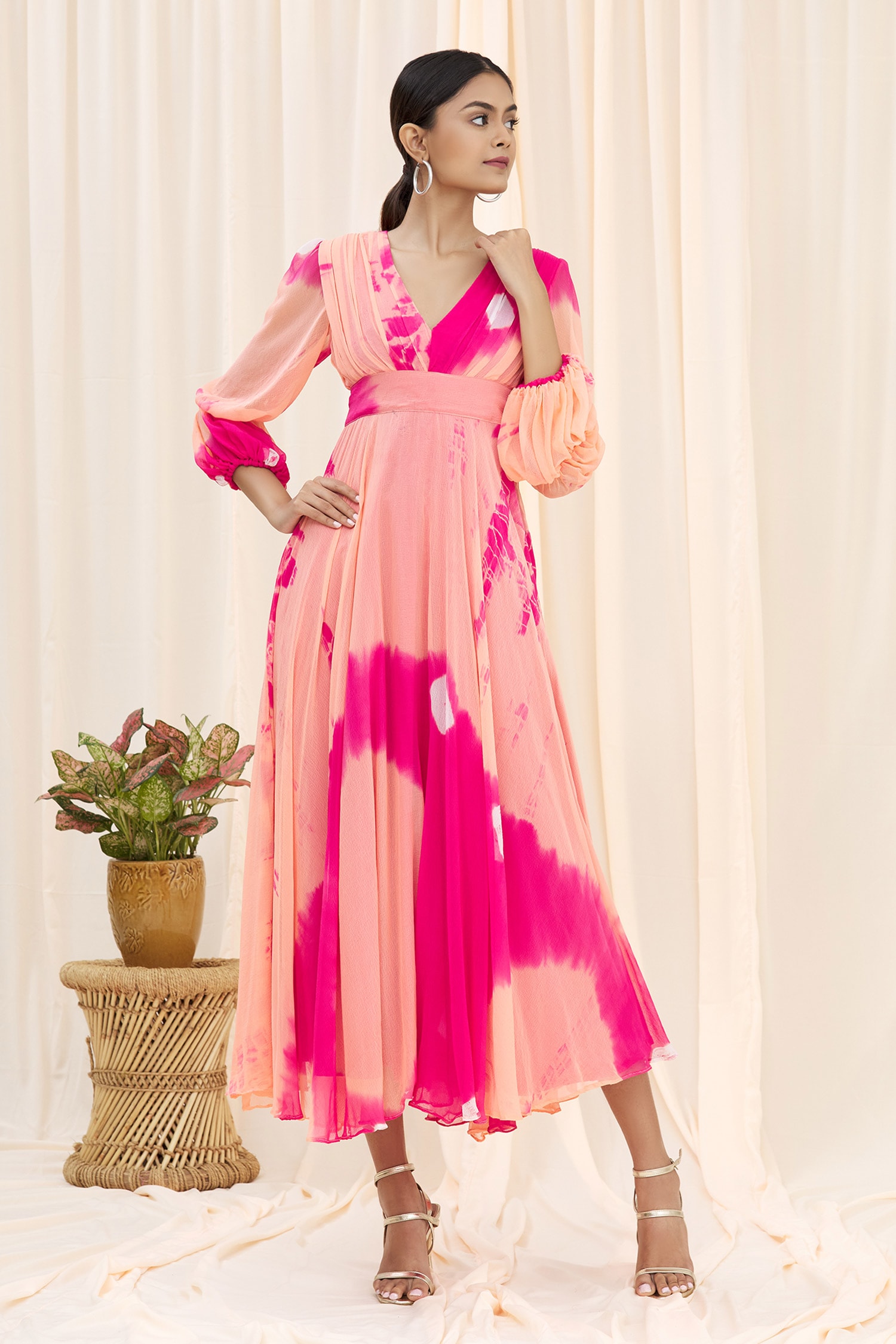 Samyukta Singhania Pink Nylon Chiffon V Neck Shibori Midi Dress For Women
