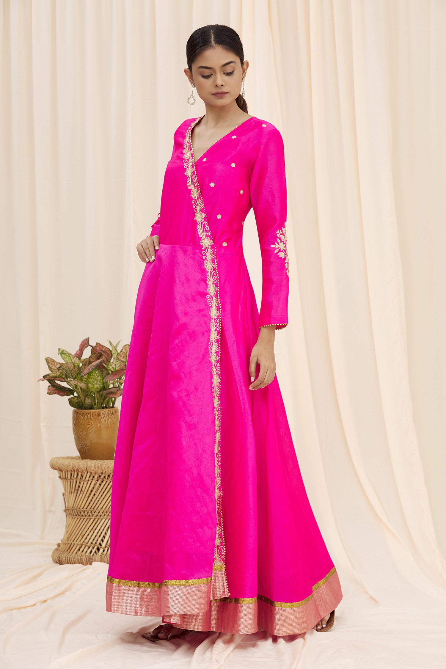 Buy Pink Silk V Neck Embroidered Anarkali For Women by Nazaakat by ...