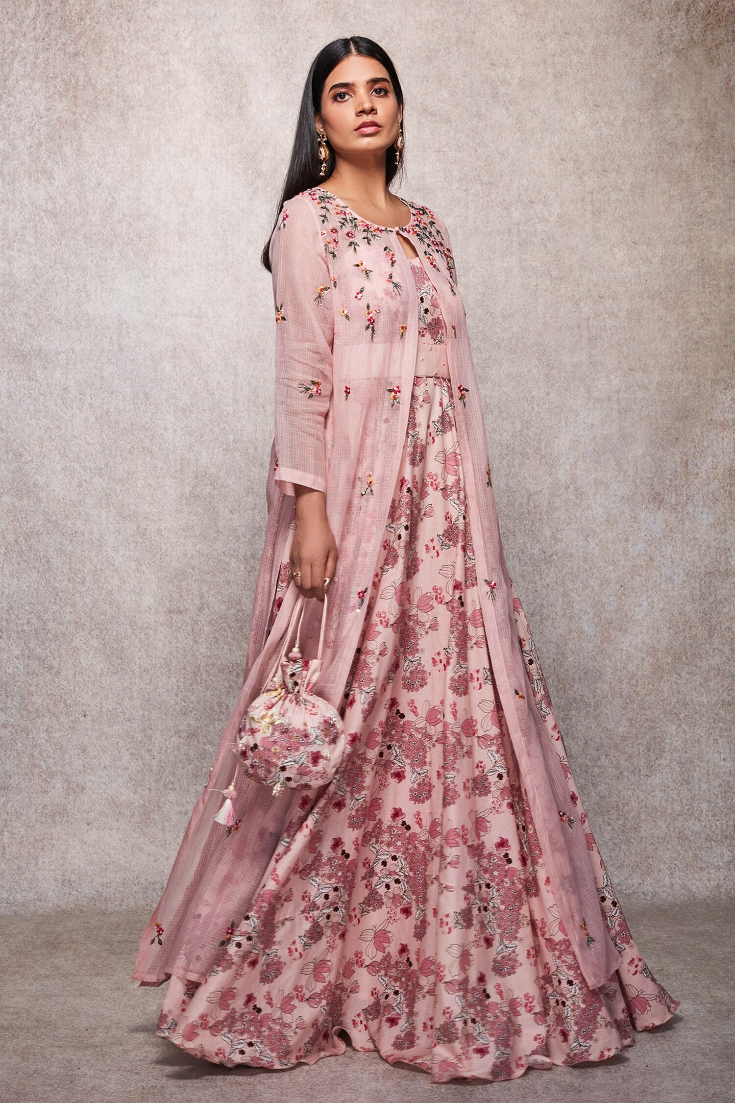 Buy Pink Kota Doria Round Embroidered Gown With Jacket For Women by