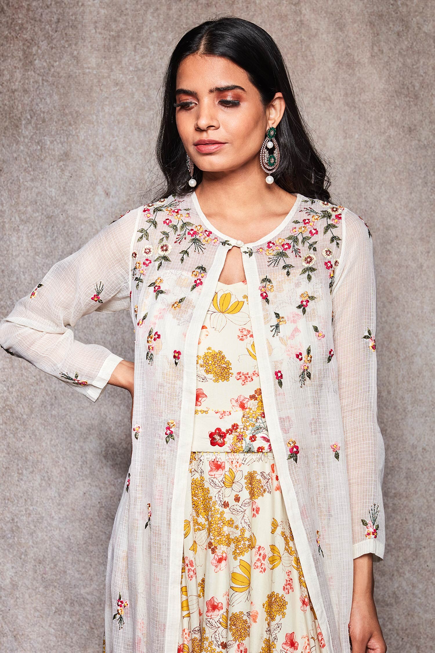 Buy Ajiesh Oberoi White Kota Doria Embroidered Dress With Jacket Online