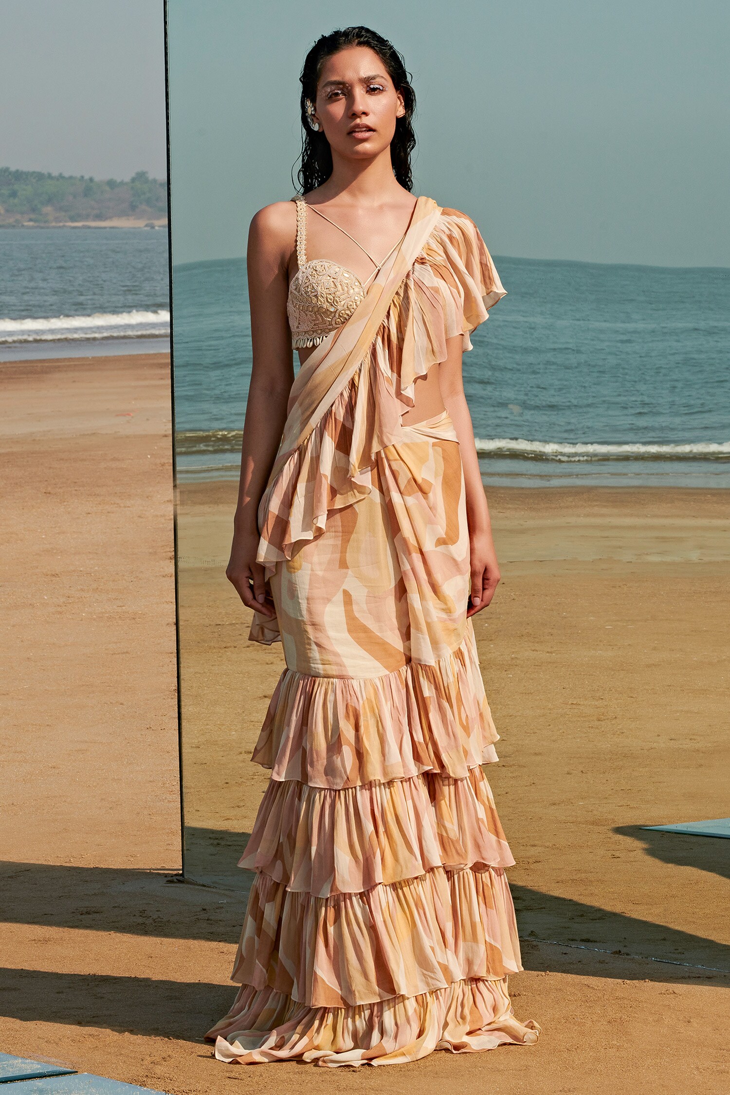 Buy Arpita Mehta Beige Net Ruffle Pre-draped Saree With Blouse Online ...