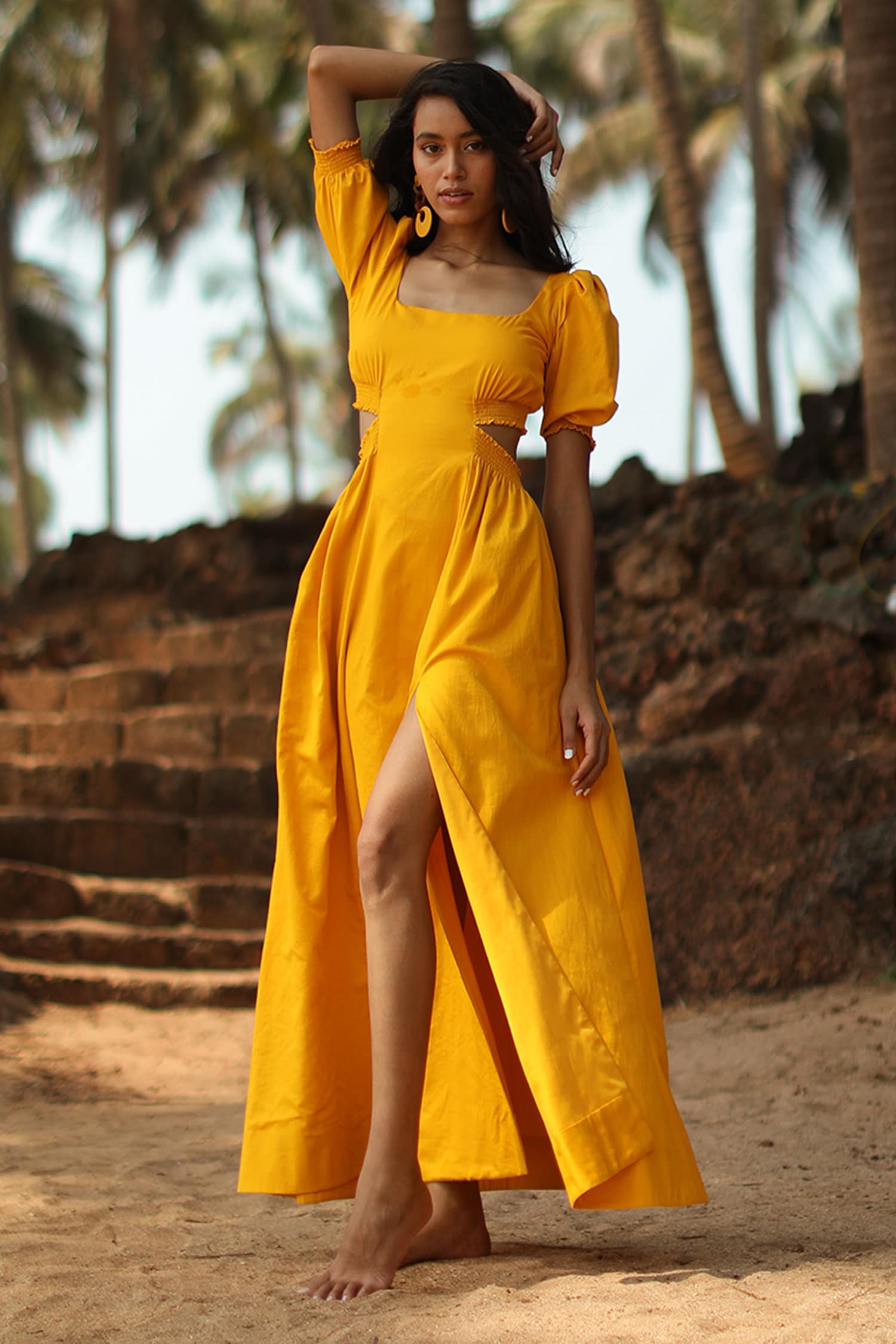 Buy Yellow Slip Shantoon Woven Floral Frilled Pattern Fit And Flare Dress  For Women by Mangalmay by Aastha Online at Aza Fashions.