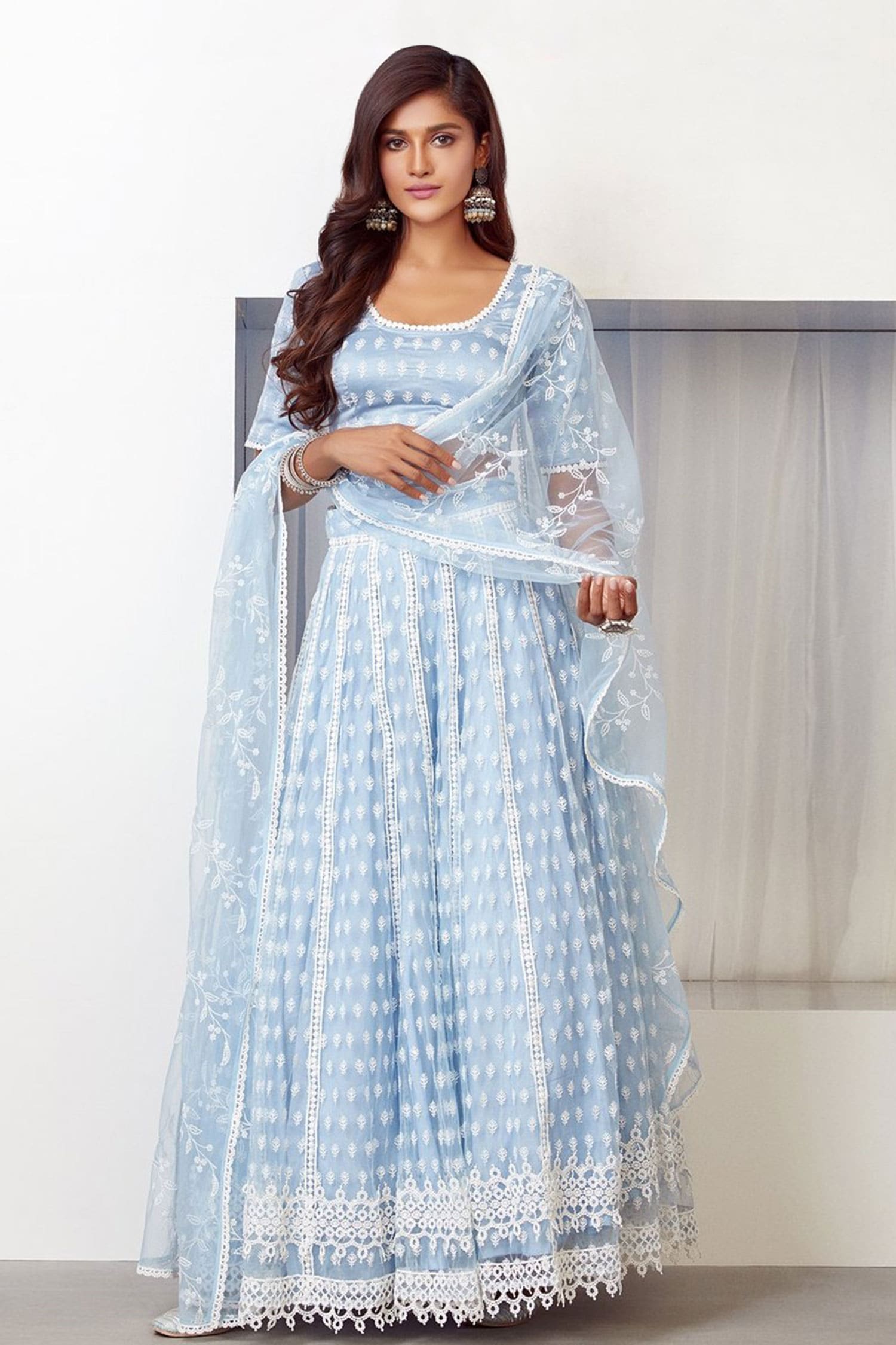 Buy Mulmul Blue Mesh Floral Embroidered Lehenga Set Online | Aza Fashions