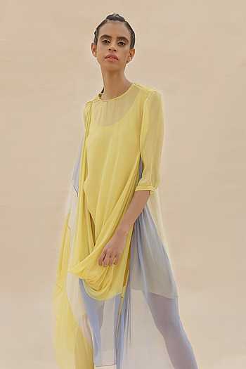 Buy Yellow Chiffon Straight Colorblock Draped Dress For Women by ...