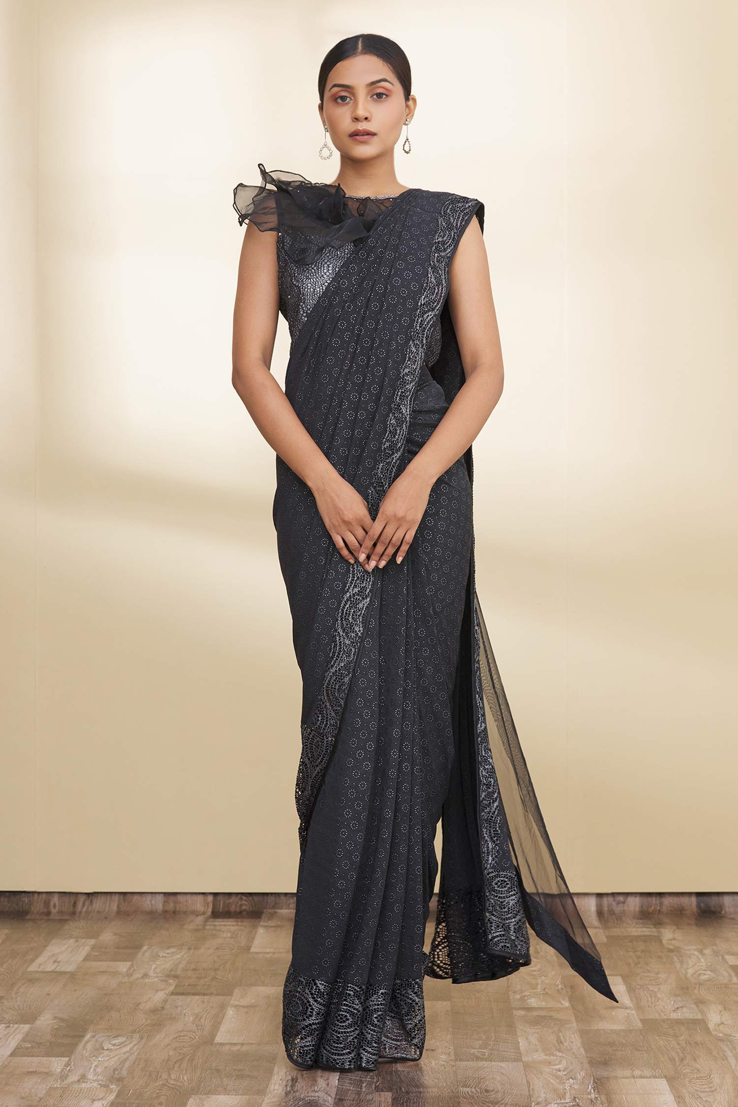 Buy Naintara Bajaj Black Lycra Pre-draped Saree With Blouse Online ...