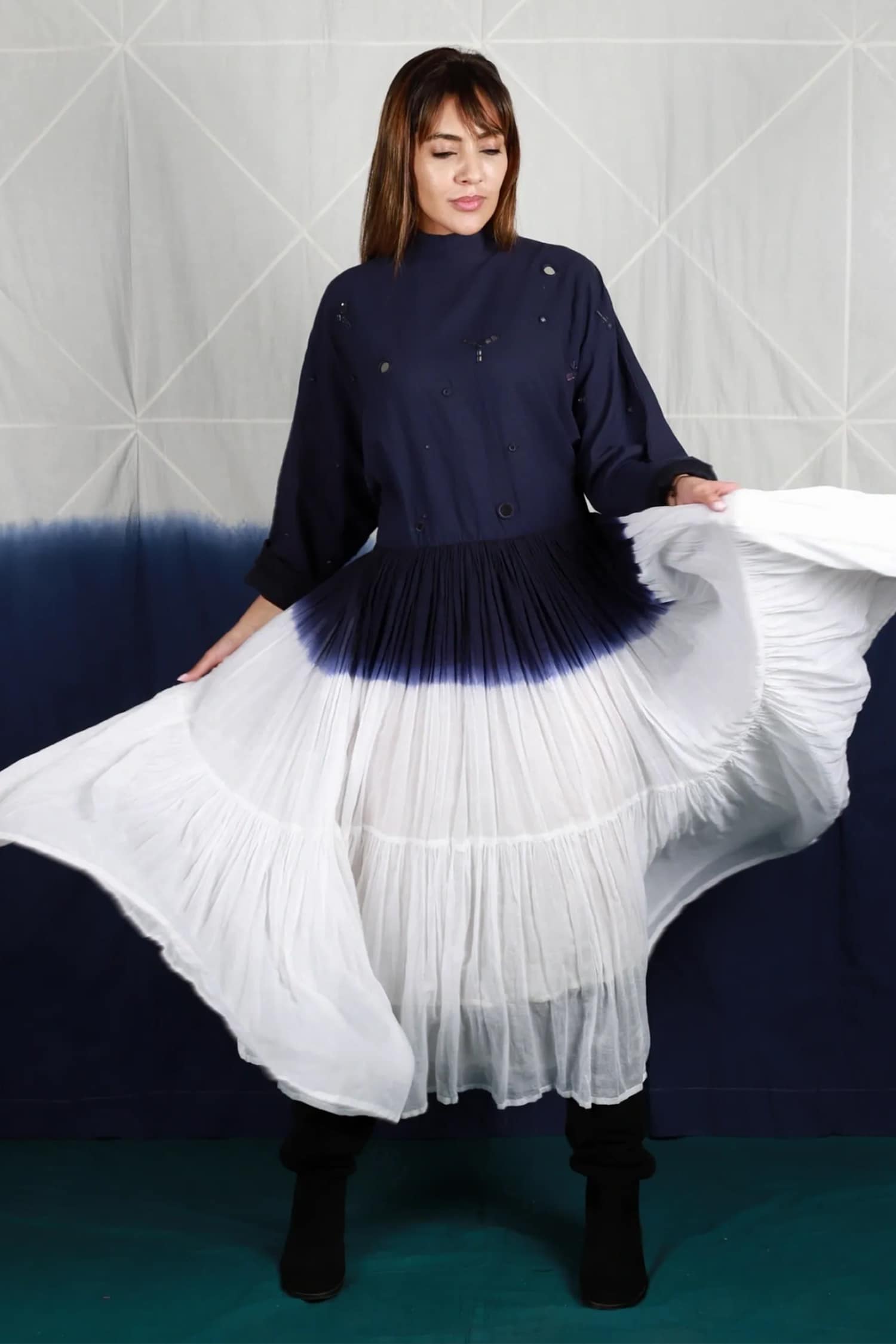 Ka-Sha Blue Cotton Cambric Dip Dye Flared Dress