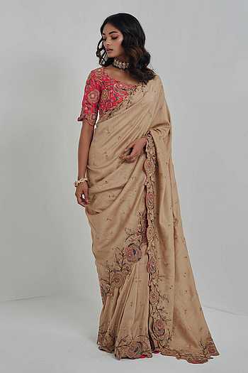 Buy Rishi and Soujit Beige Tussar Embroidered Saree With Blouse Online |  Aza Fashions