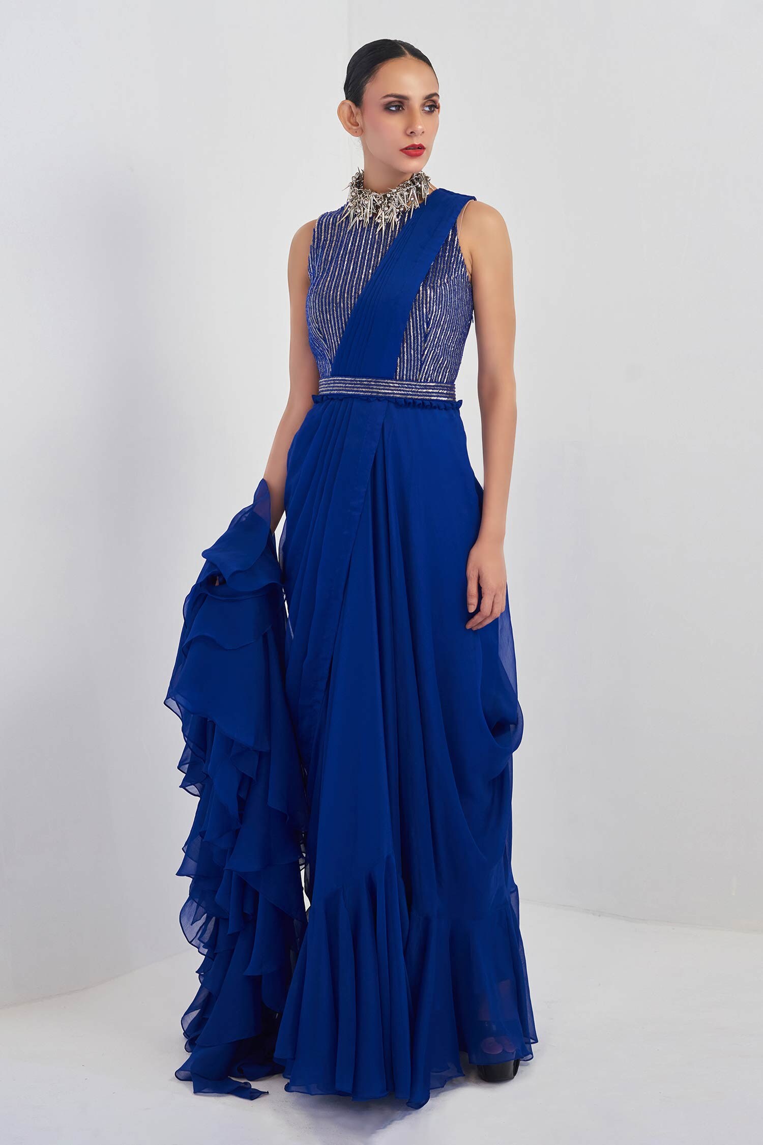 Buy Rishi and Soujit Blue Chiffon Draped Saree Gown Online | Aza Fashions