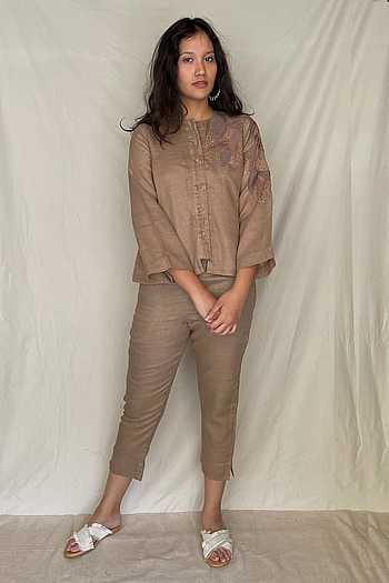 Women Beige Chanderi Gold Foil Pencil Pants