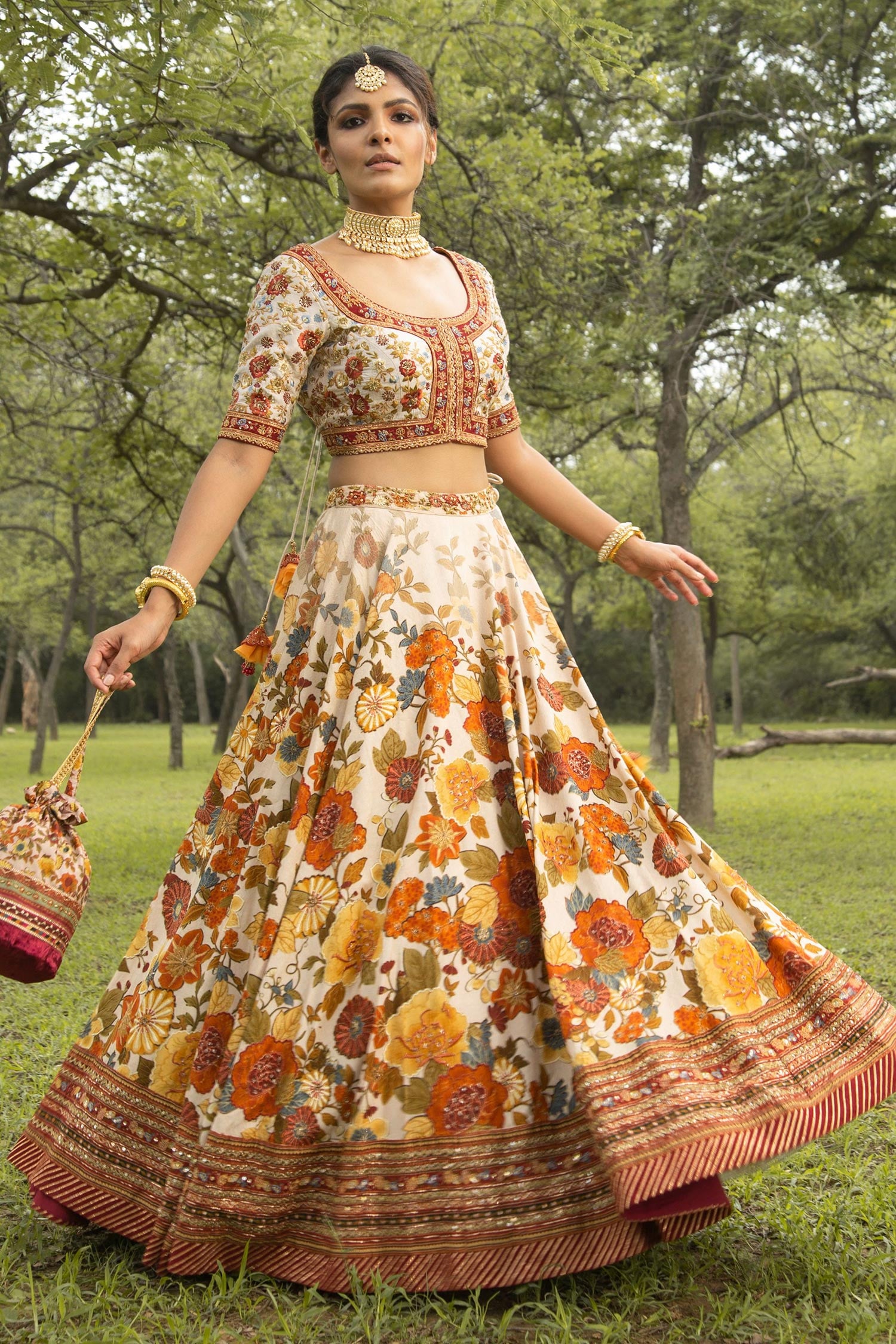 Off White Festive Floral Lehenga Choli In Organza